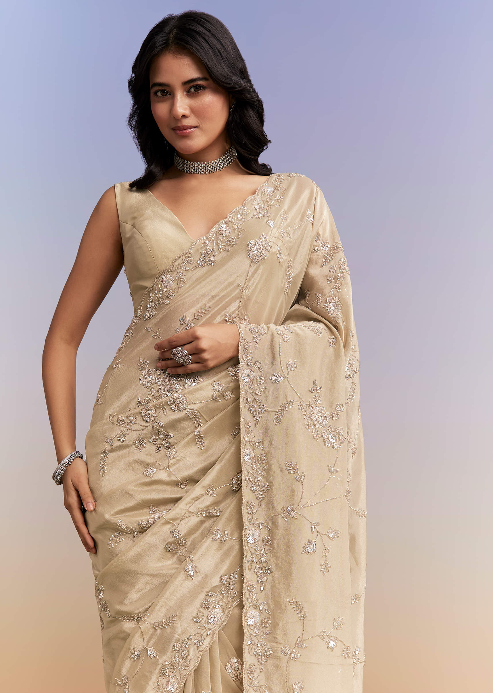 Beige Tissue Silk Saree With Heavy Hand Work - Image 2
