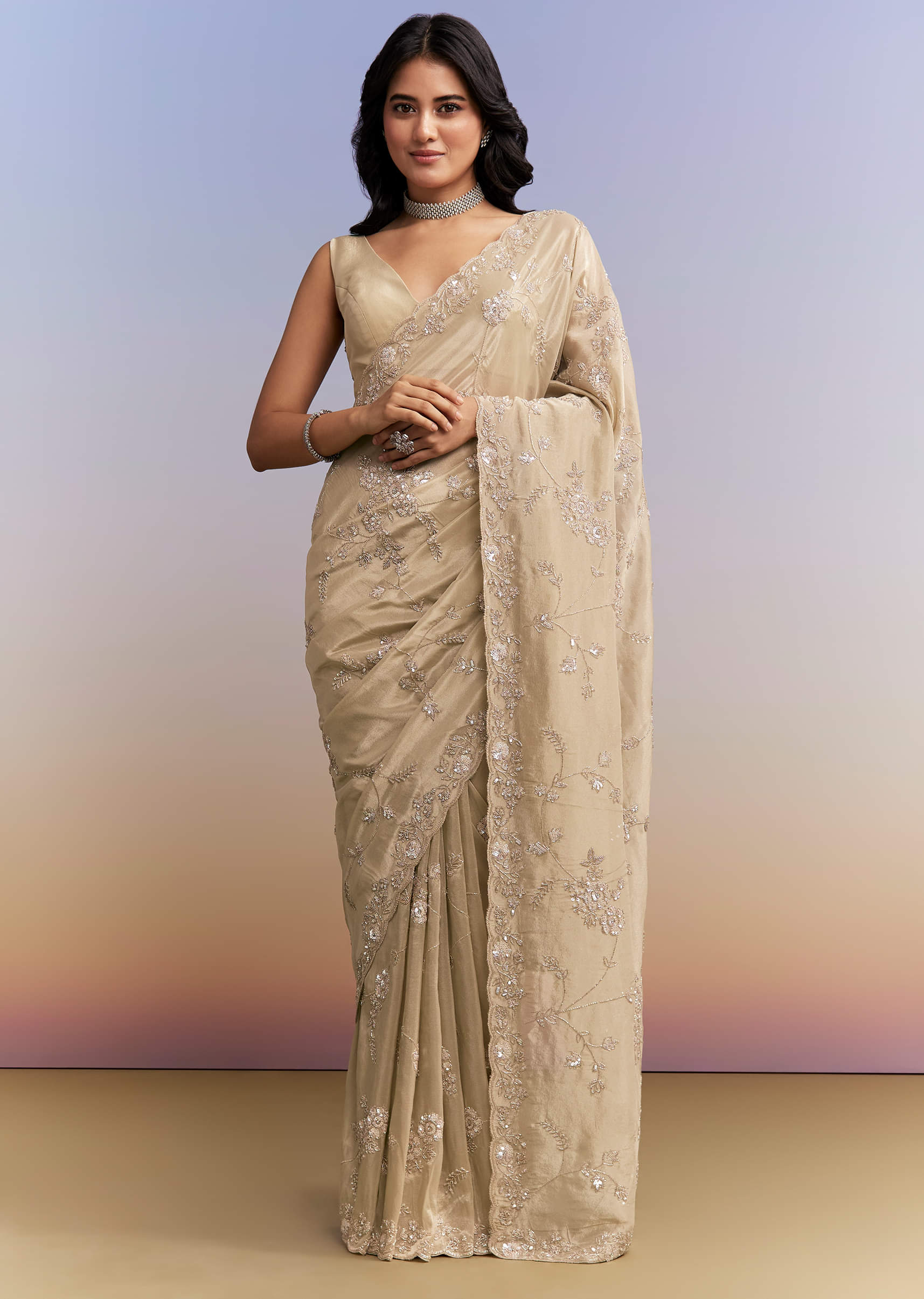 Beige Tissue Silk Saree With Heavy Hand Work - Image 3