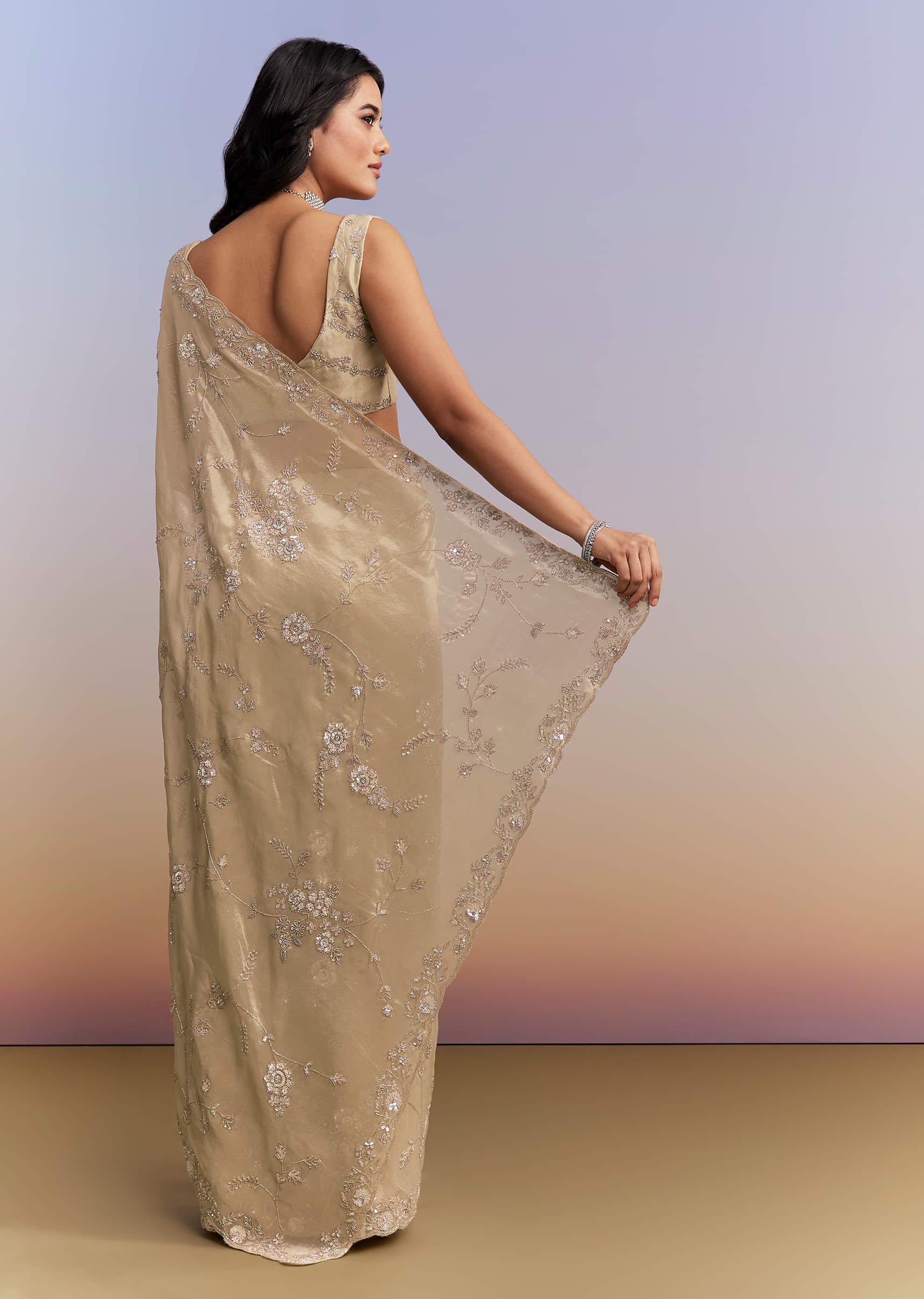Beige Tissue Silk Saree With Heavy Hand Work - Image 4