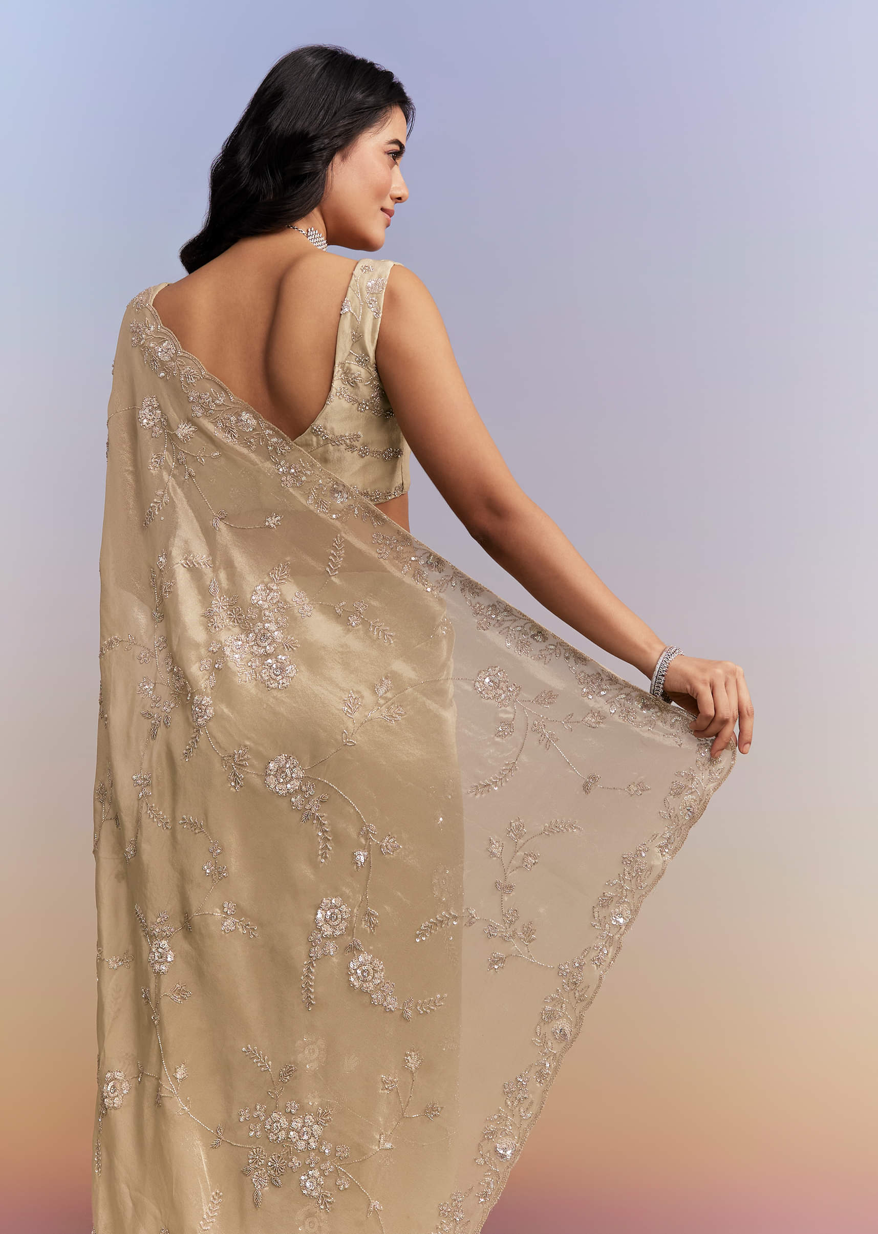 Beige Tissue Silk Saree With Heavy Hand Work - Image 6