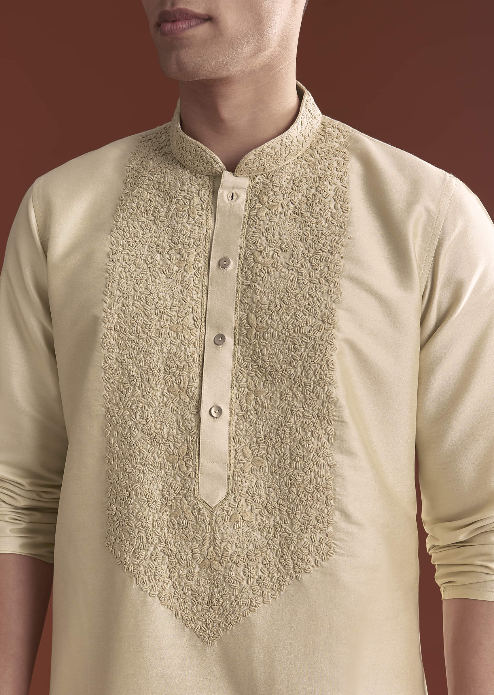 Beige Tussar Kurta Set For Men With Embroidery - Image 3