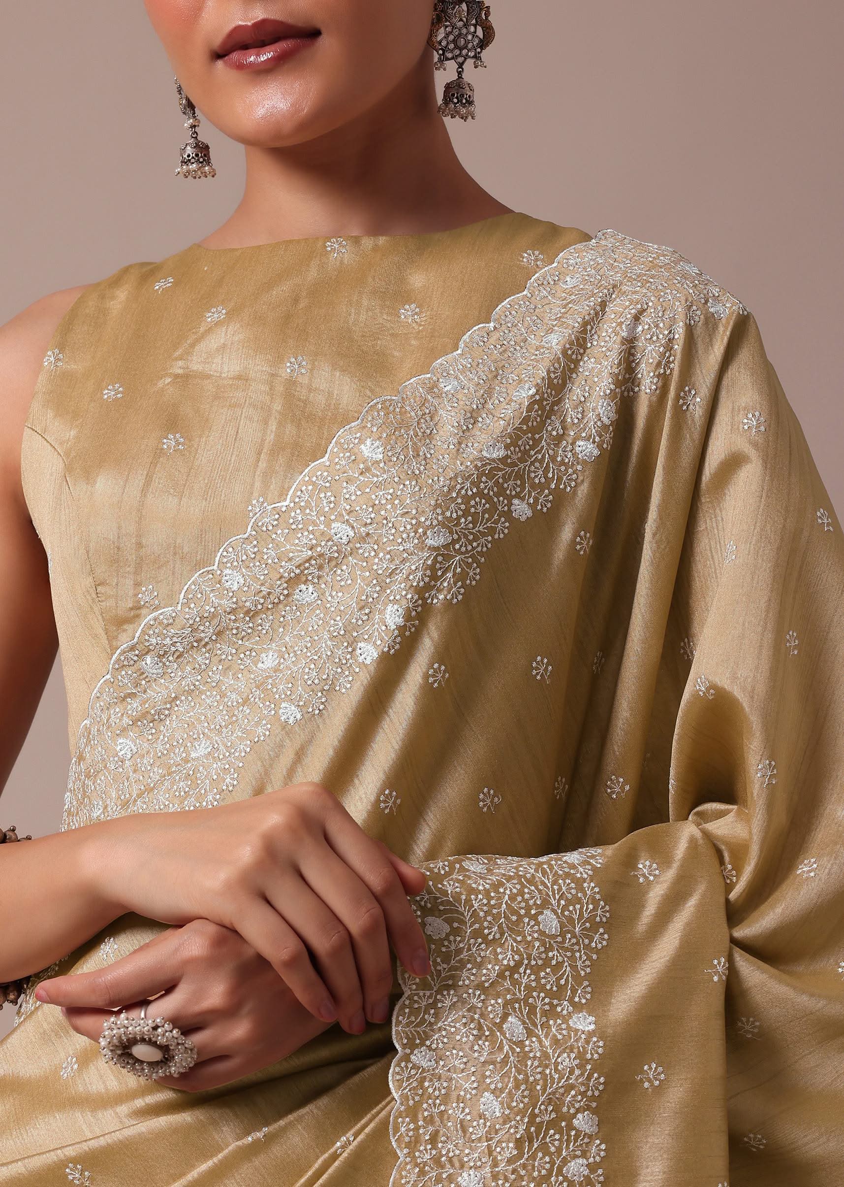 Beige Tussar Saree With Unstitched Blouse - Image 2