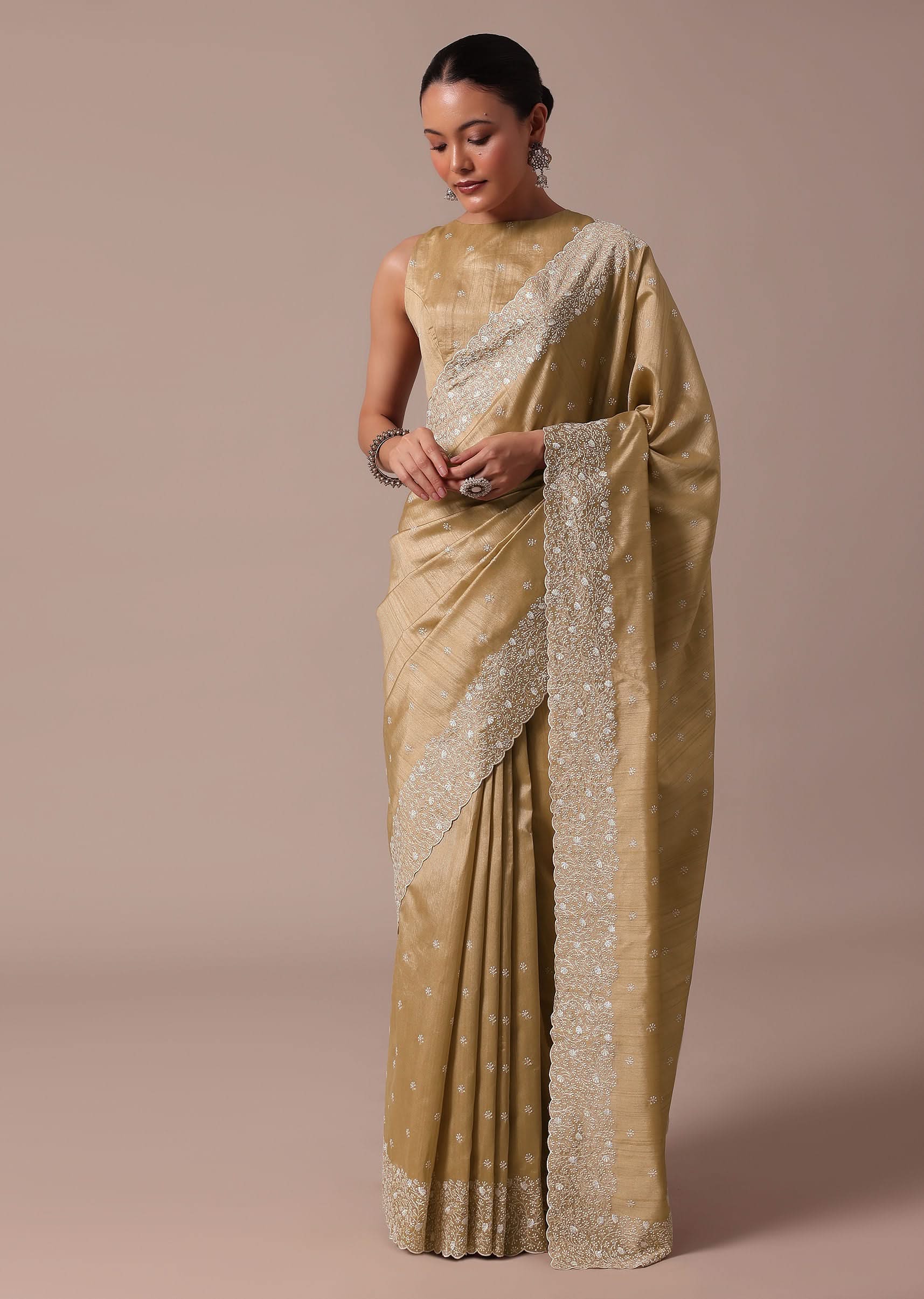 Beige Tussar Saree With Unstitched Blouse - Image 3