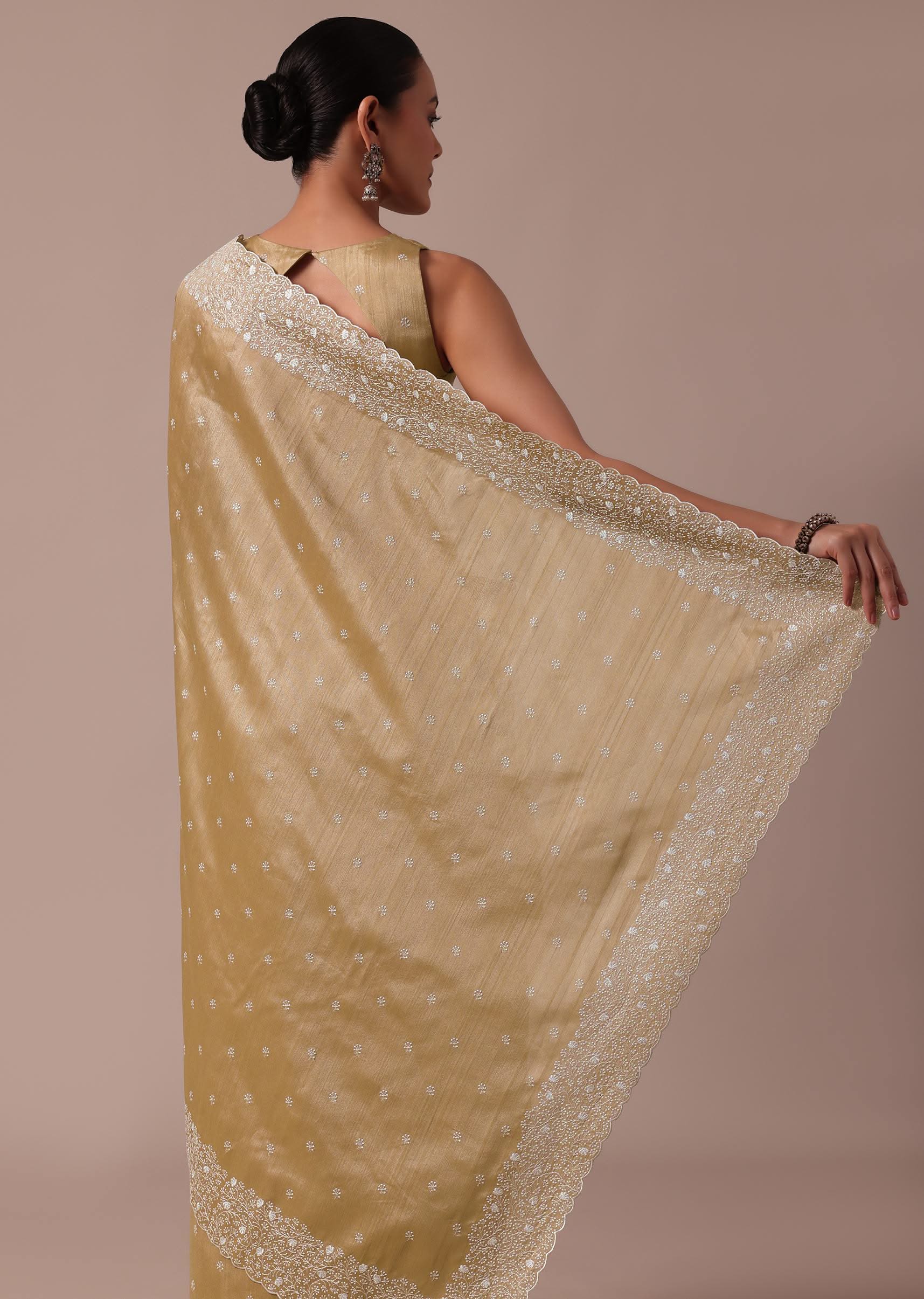 Beige Tussar Saree With Unstitched Blouse - Image 5