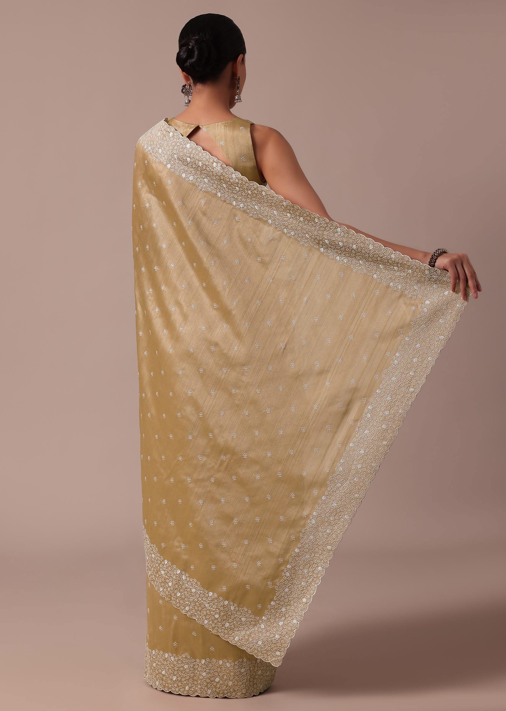 Beige Tussar Saree With Unstitched Blouse - Image 6