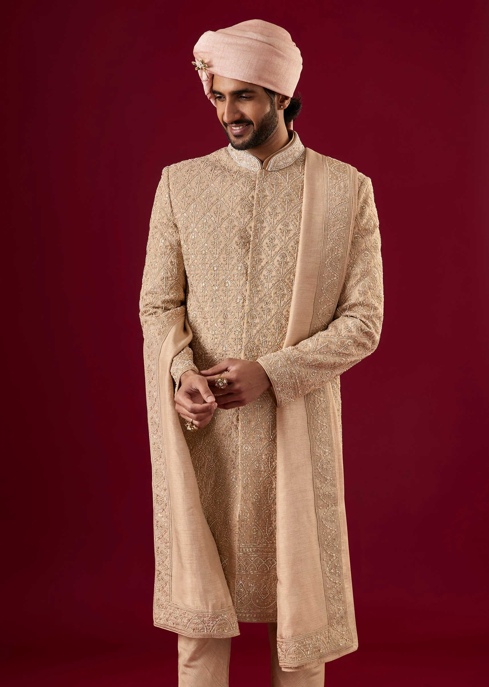 Beige Tussar Sherwani Set With Thread Work - Image 2