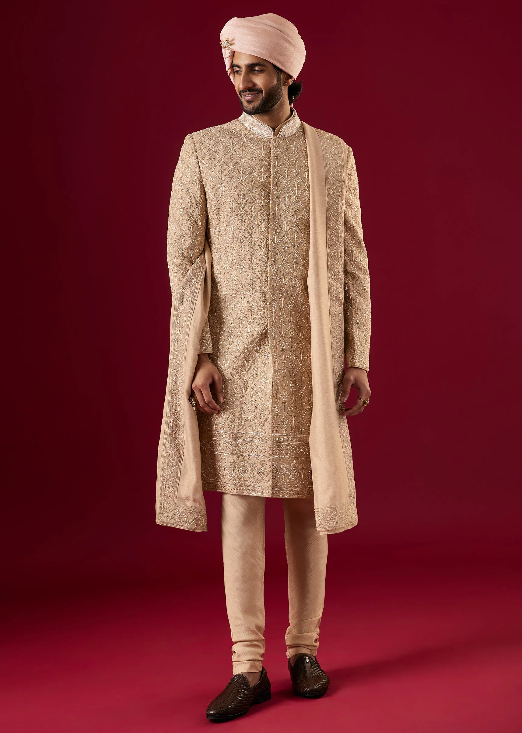 Beige Tussar Sherwani Set With Thread Work - Image 3