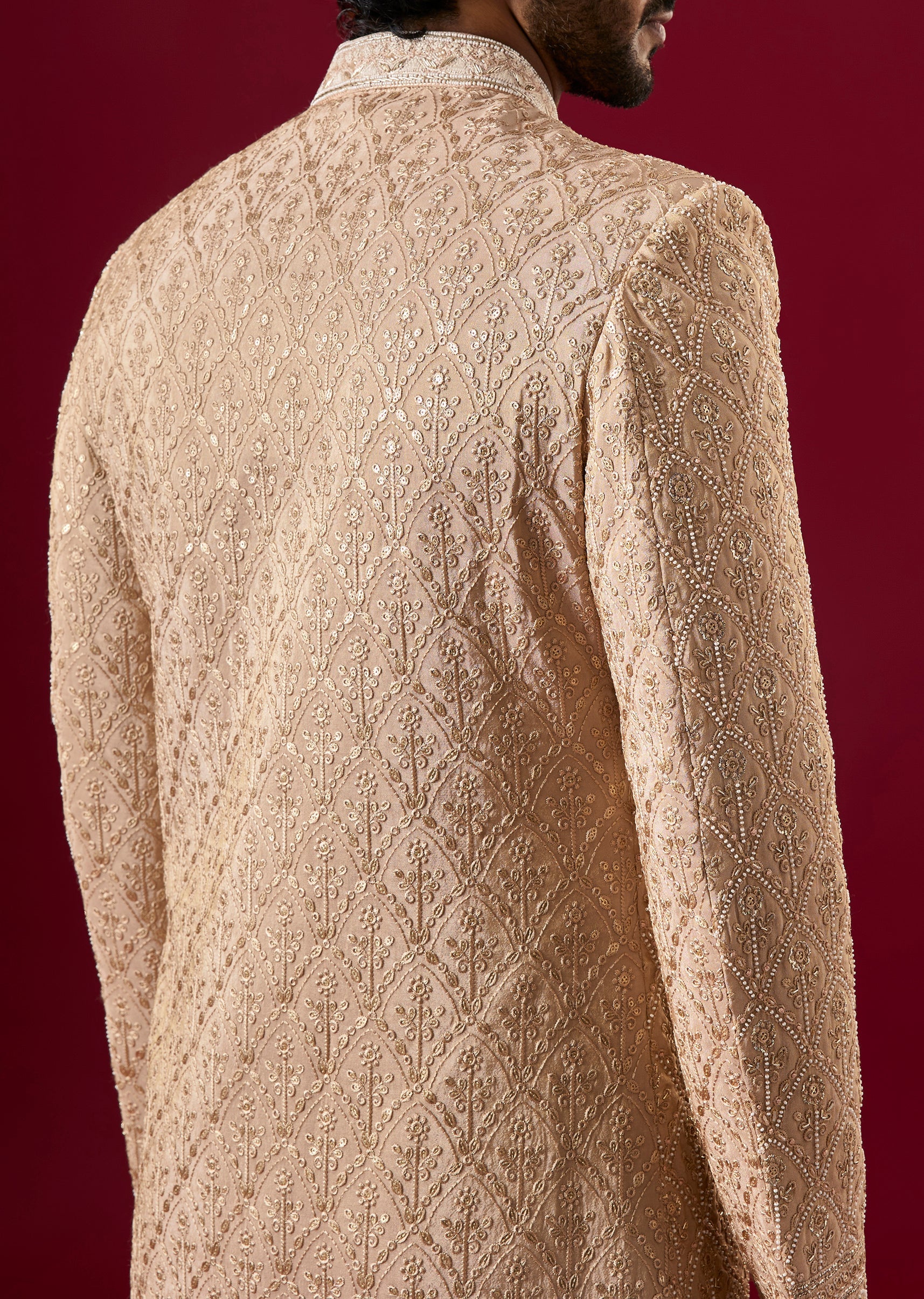Beige Tussar Sherwani Set With Thread Work - Image 4