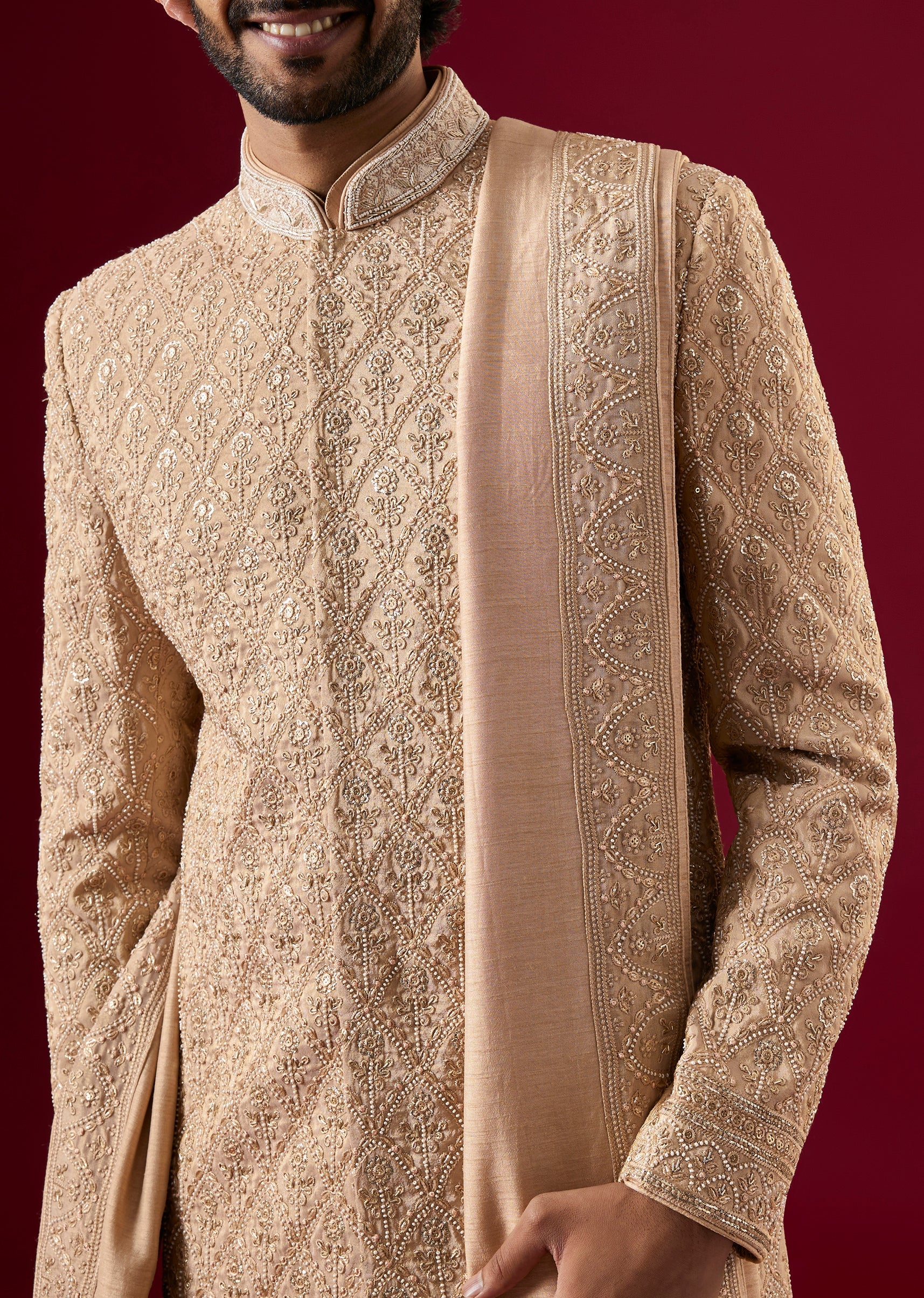 Beige Tussar Sherwani Set With Thread Work - Image 5