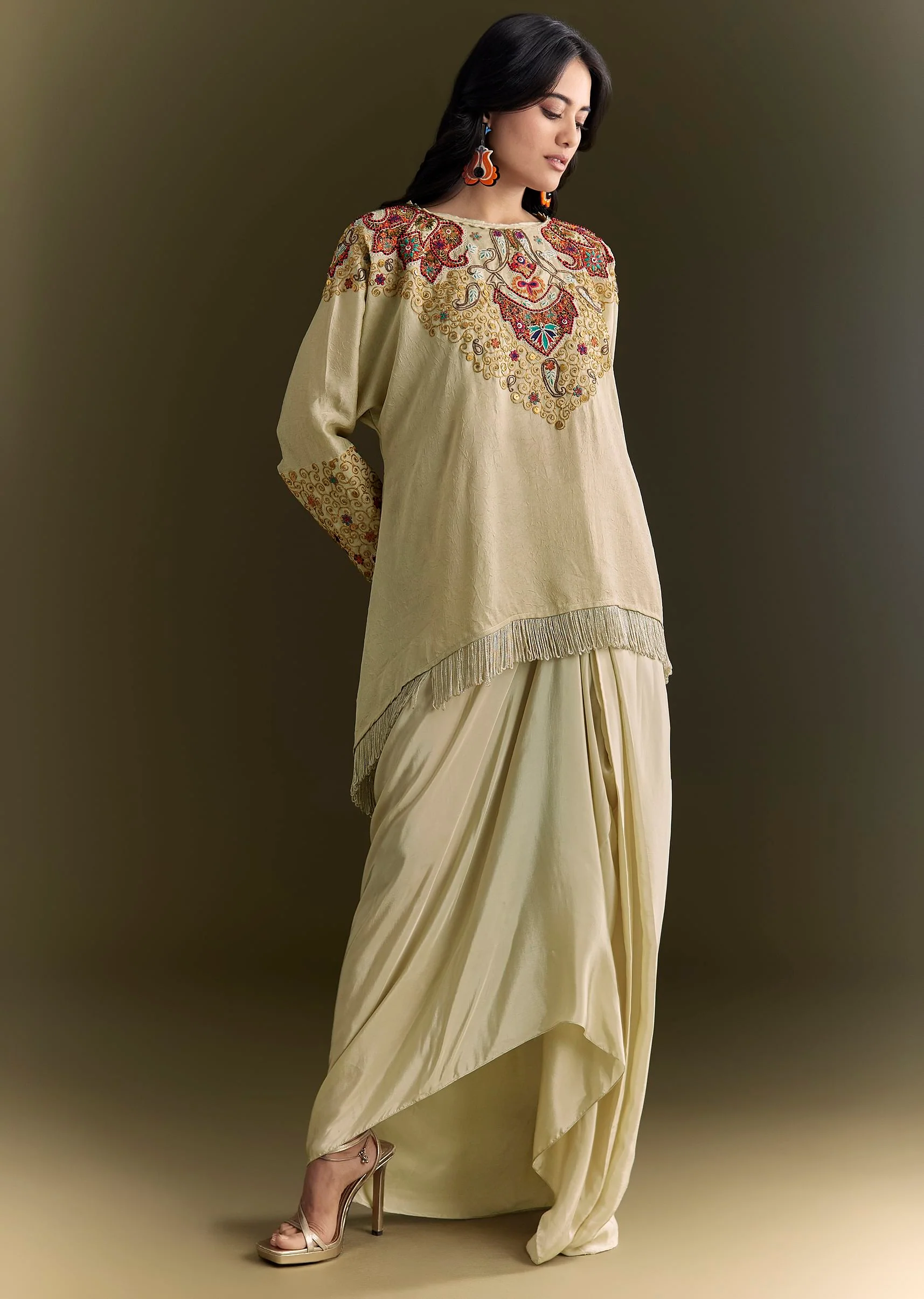 Beige Tussar Silk Kurta Skirt With Beads And Threadwork - Image 3
