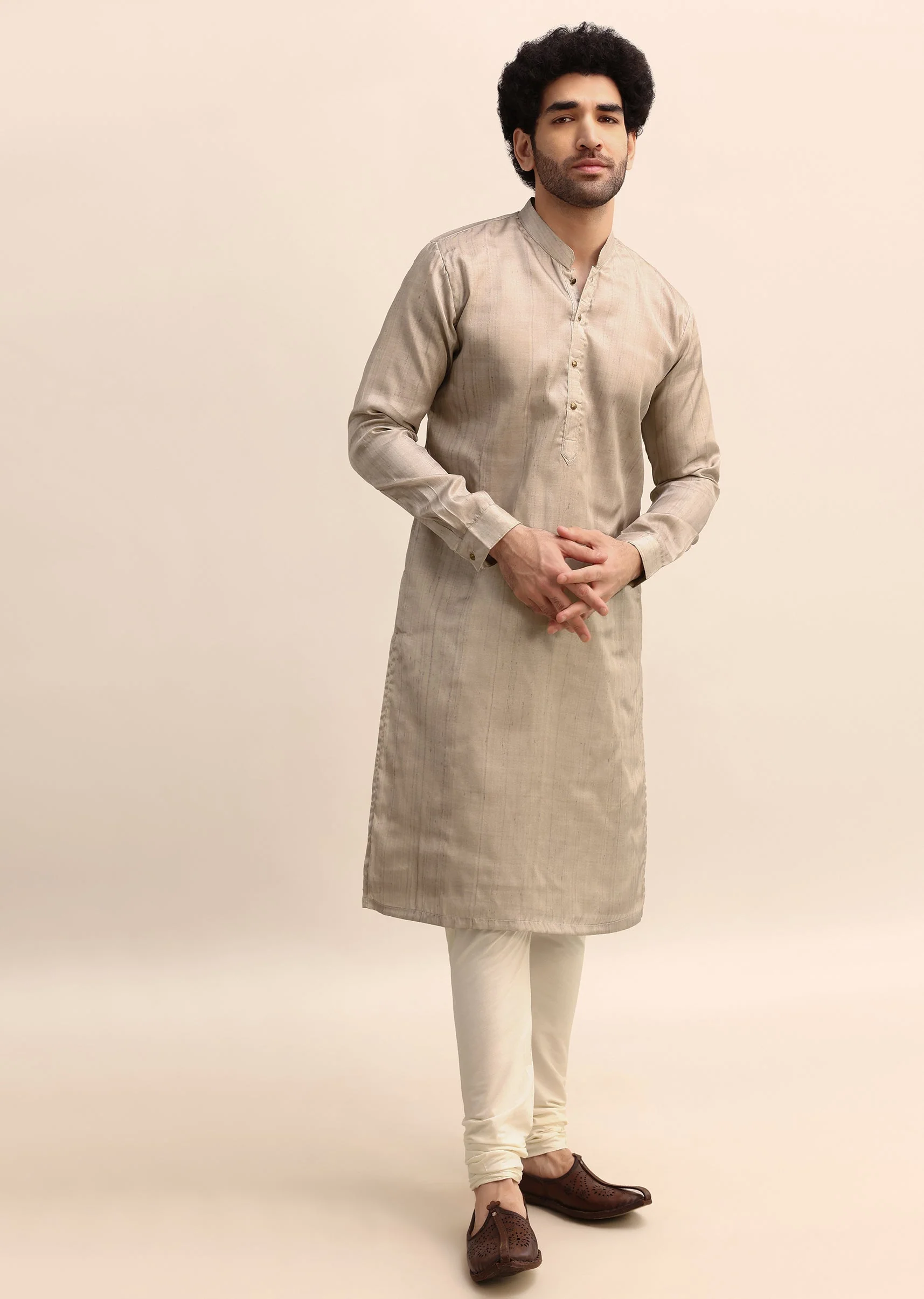 Beige Tussar Silk Plain Kurta Pyjama For Men - Image 2