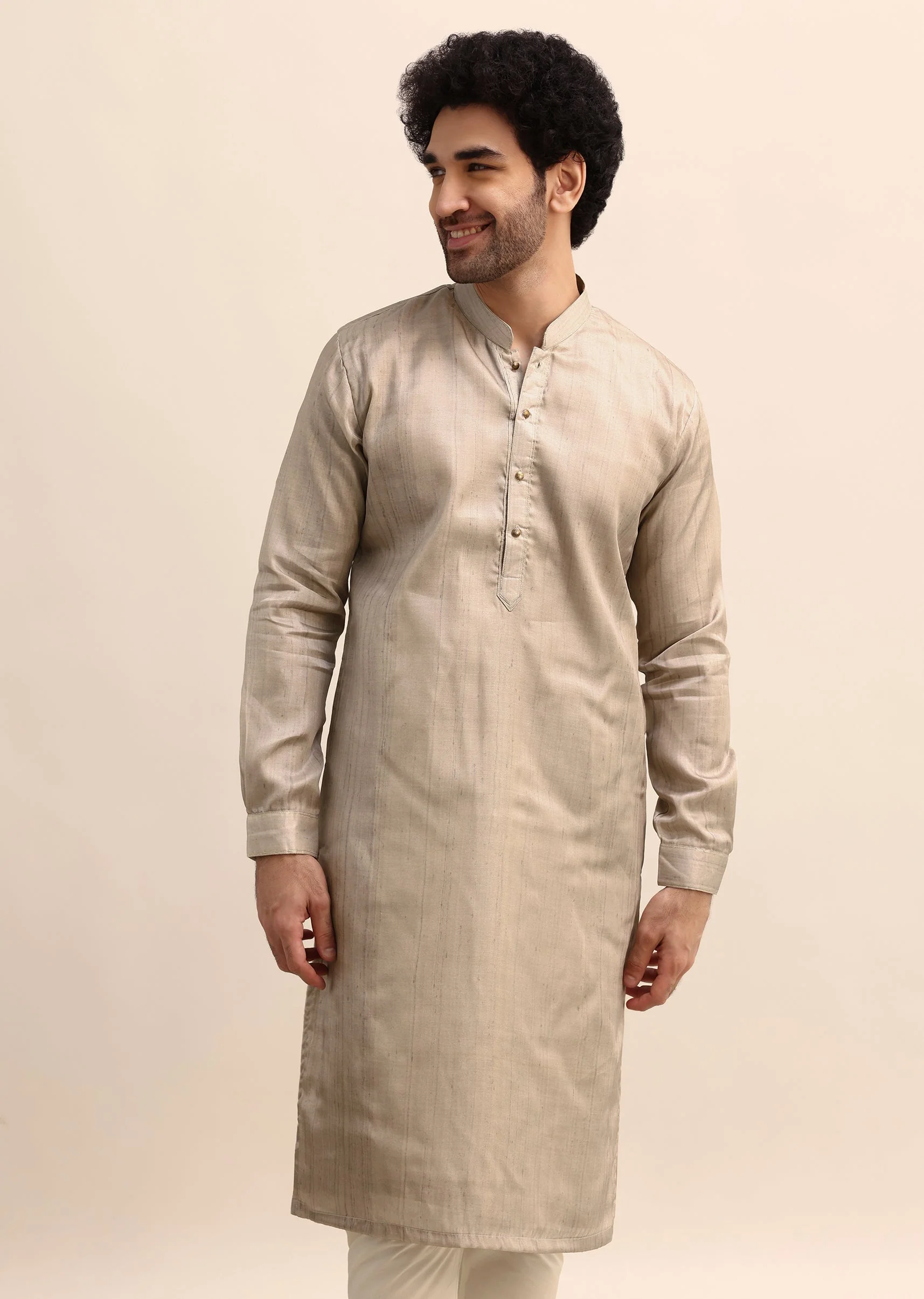 Beige Tussar Silk Plain Kurta Pyjama For Men - Image 3