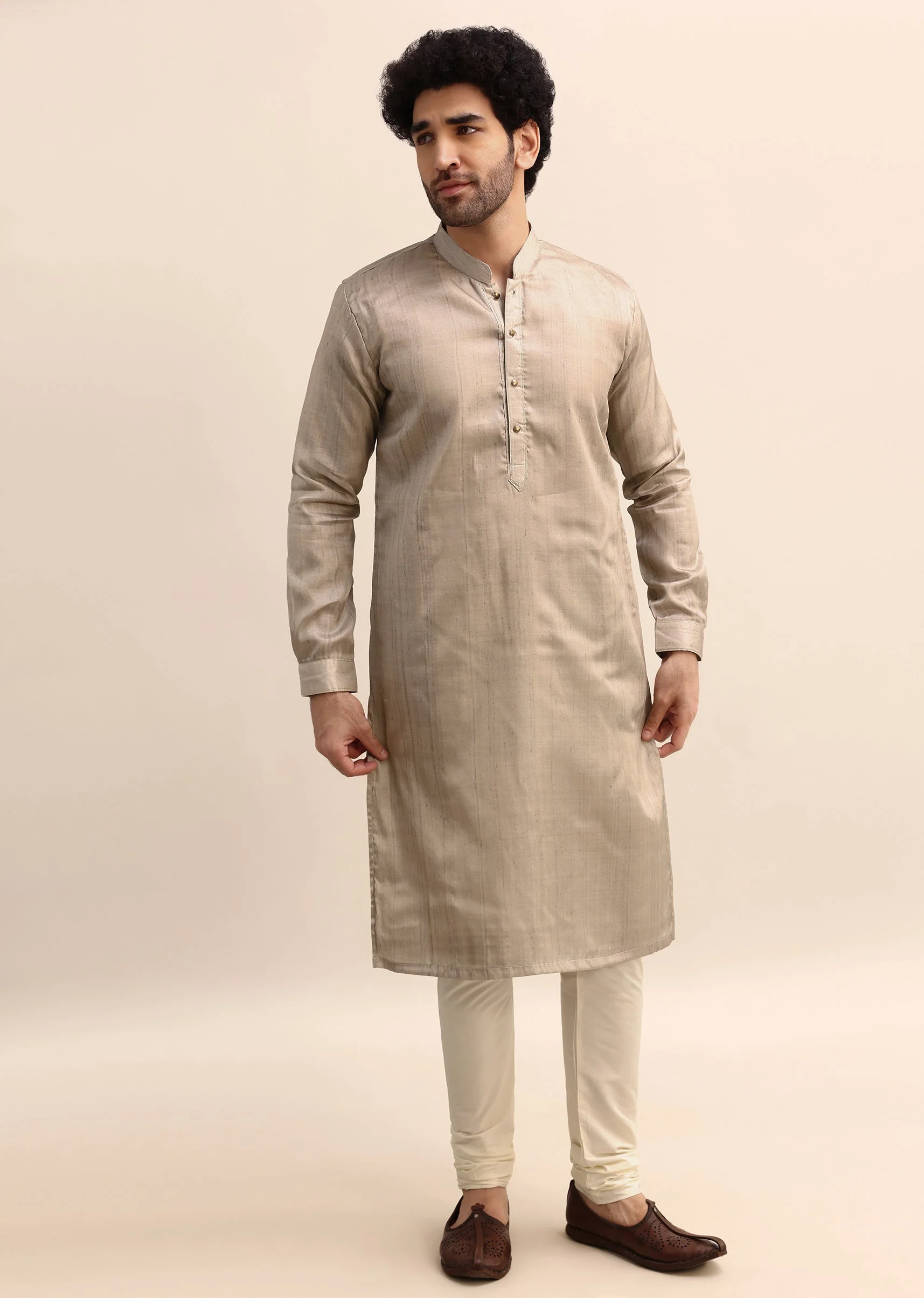 Beige Tussar Silk Plain Kurta Pyjama For Men - Image 4