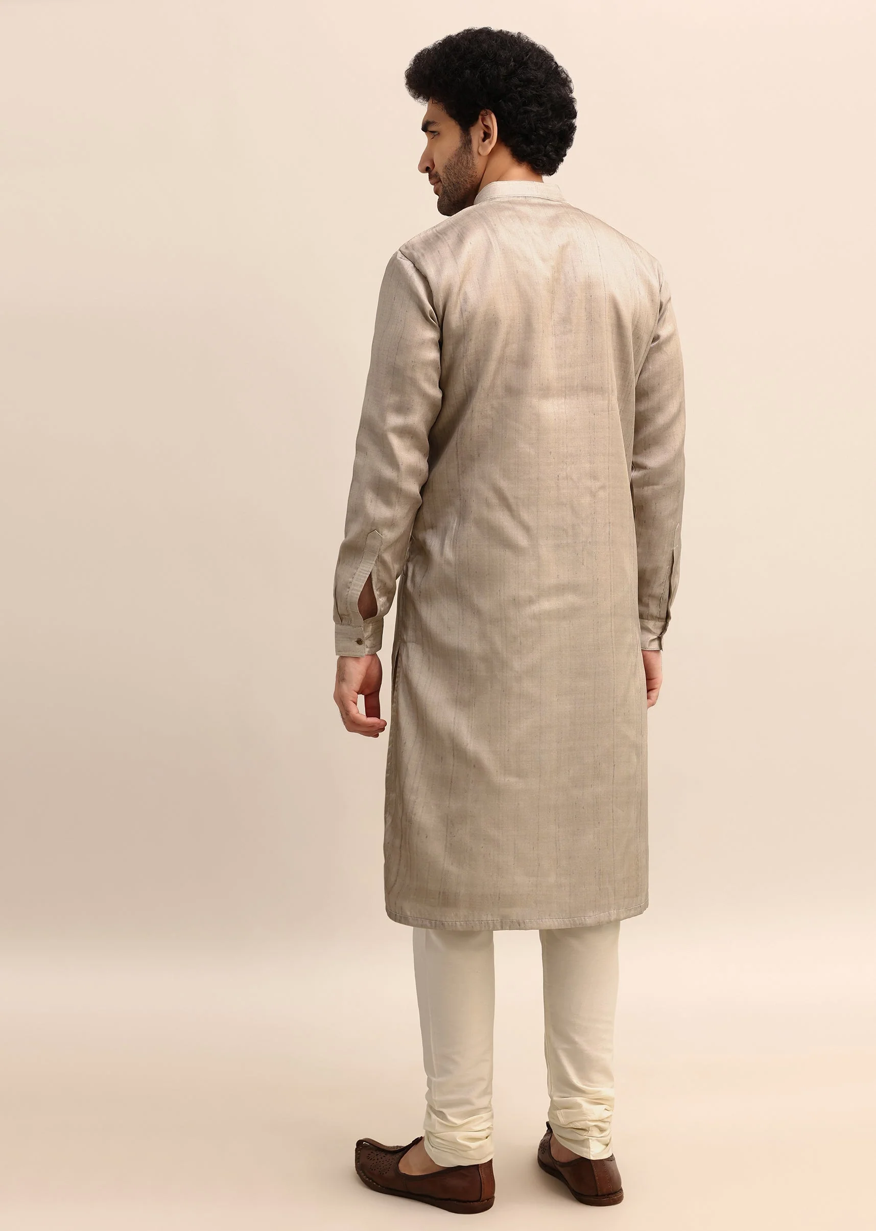 Beige Tussar Silk Plain Kurta Pyjama For Men - Image 5