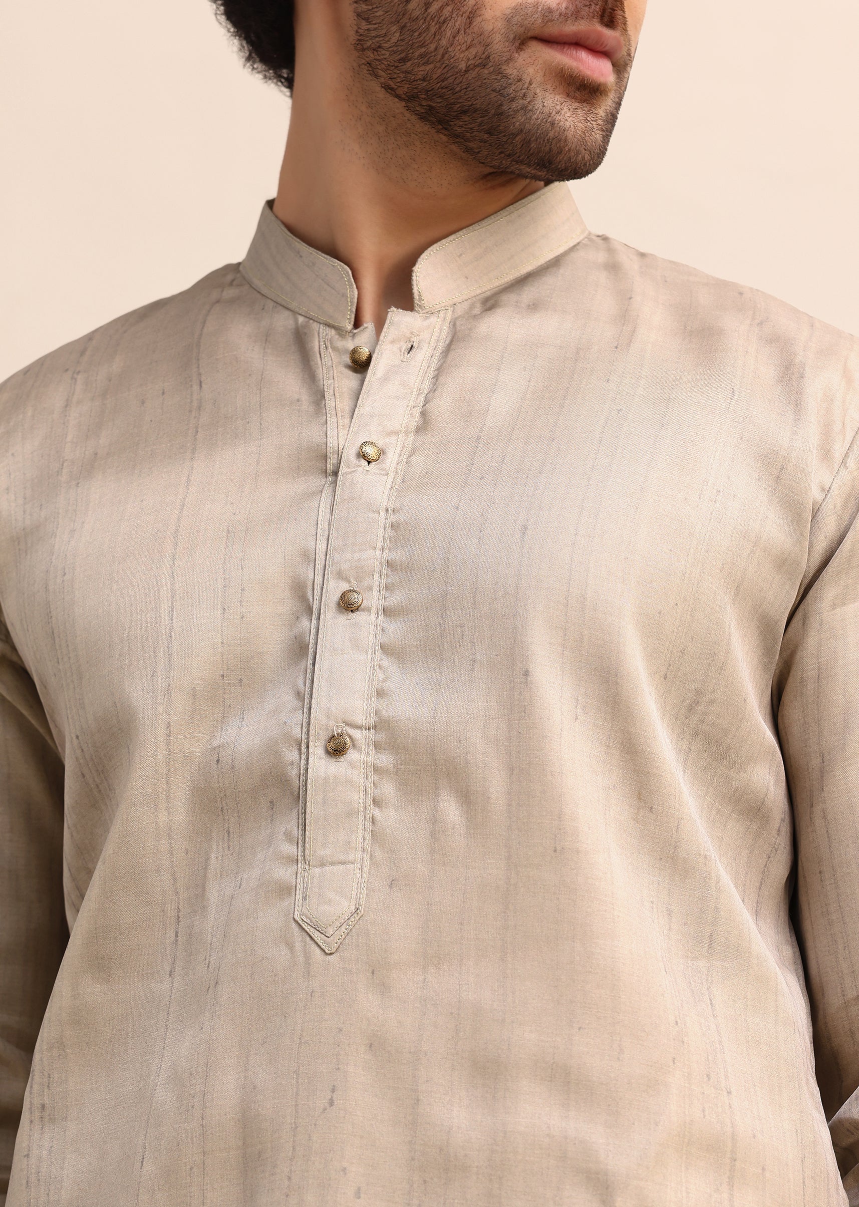 Beige Tussar Silk Plain Kurta Pyjama For Men - Image 7