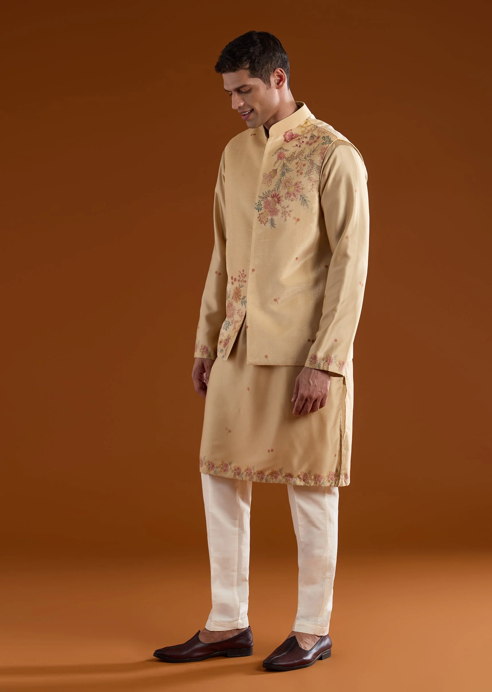 Beige Velvet Kurta Jacket Set