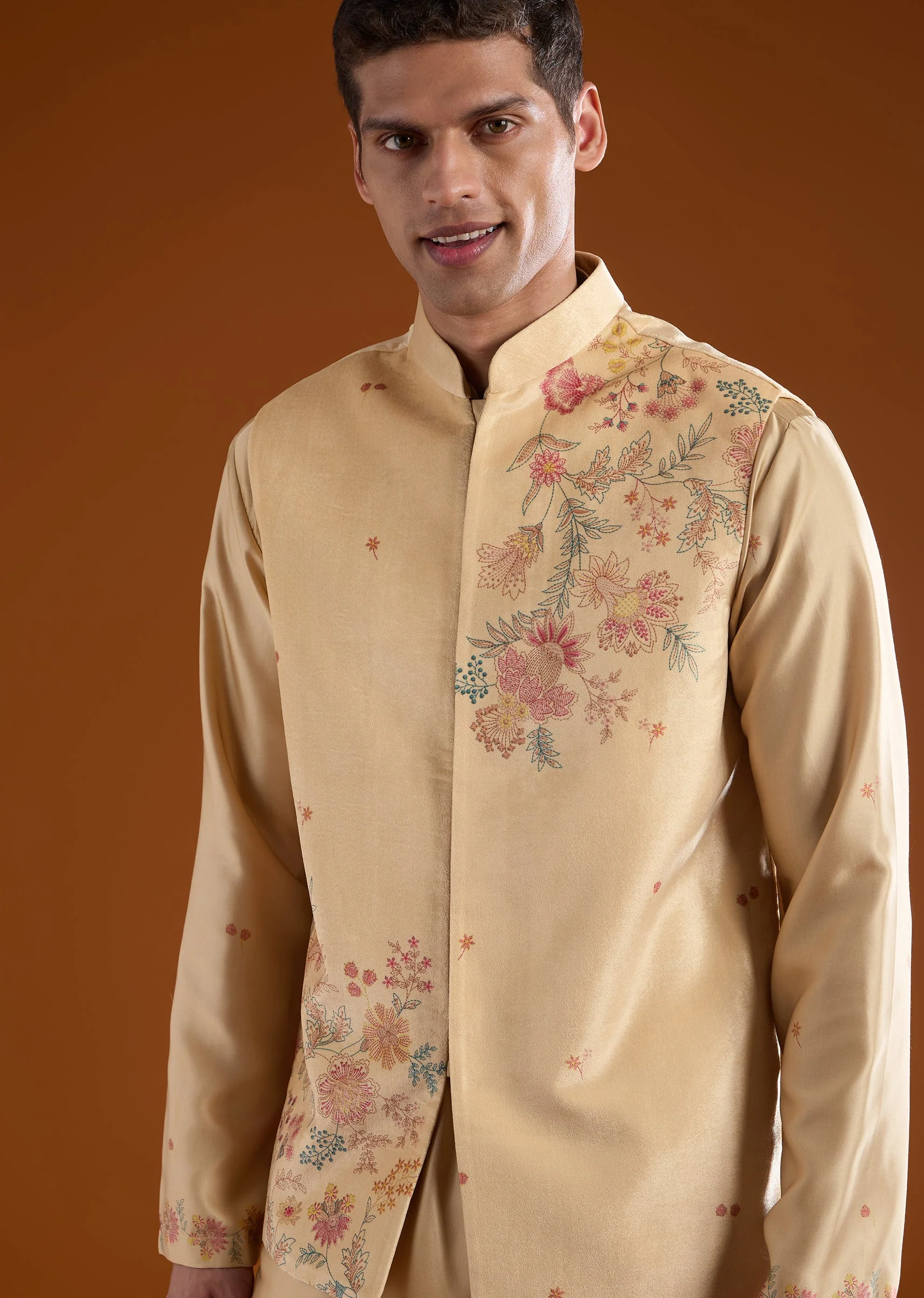 Beige Velvet Kurta Jacket Set - Image 2