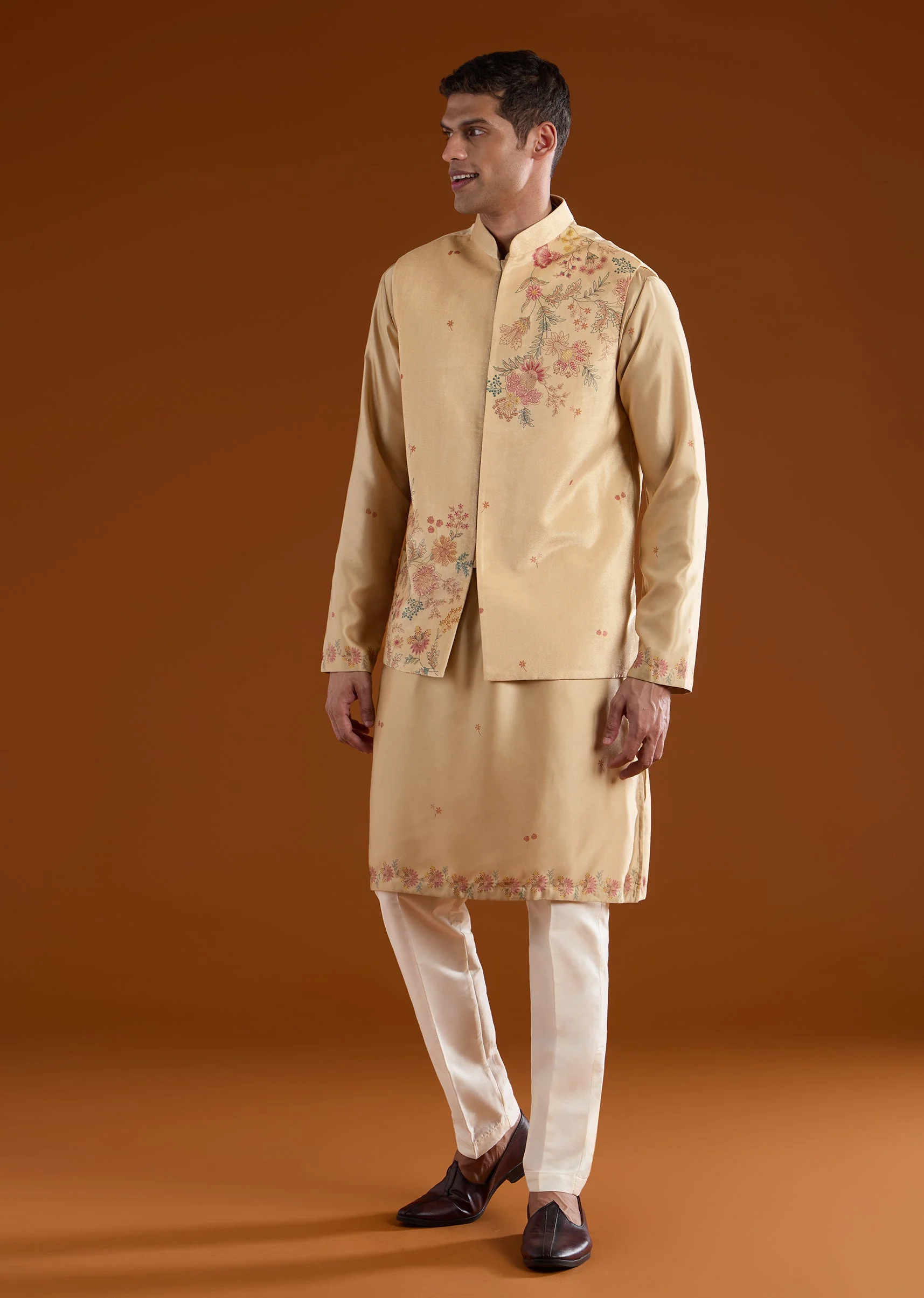 Beige Velvet Kurta Jacket Set - Image 3