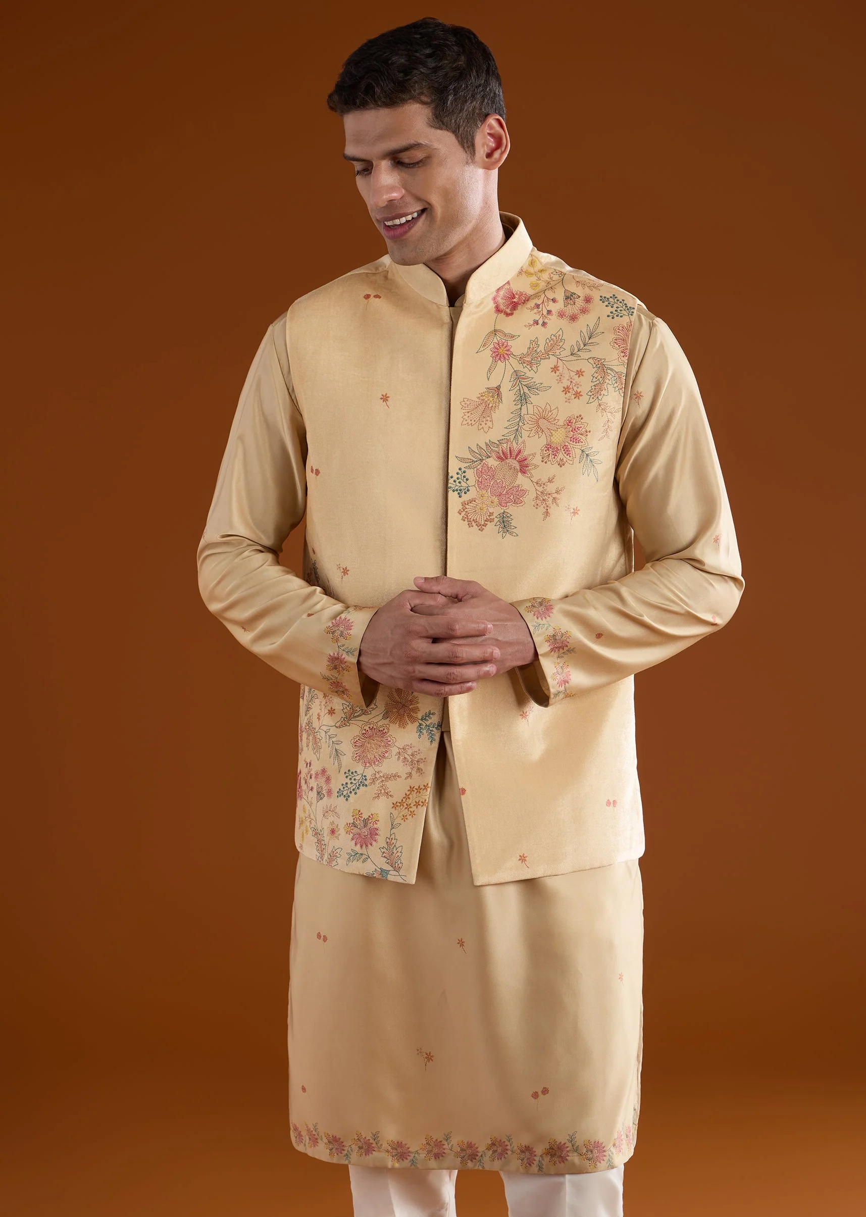 Beige Velvet Kurta Jacket Set - Image 4