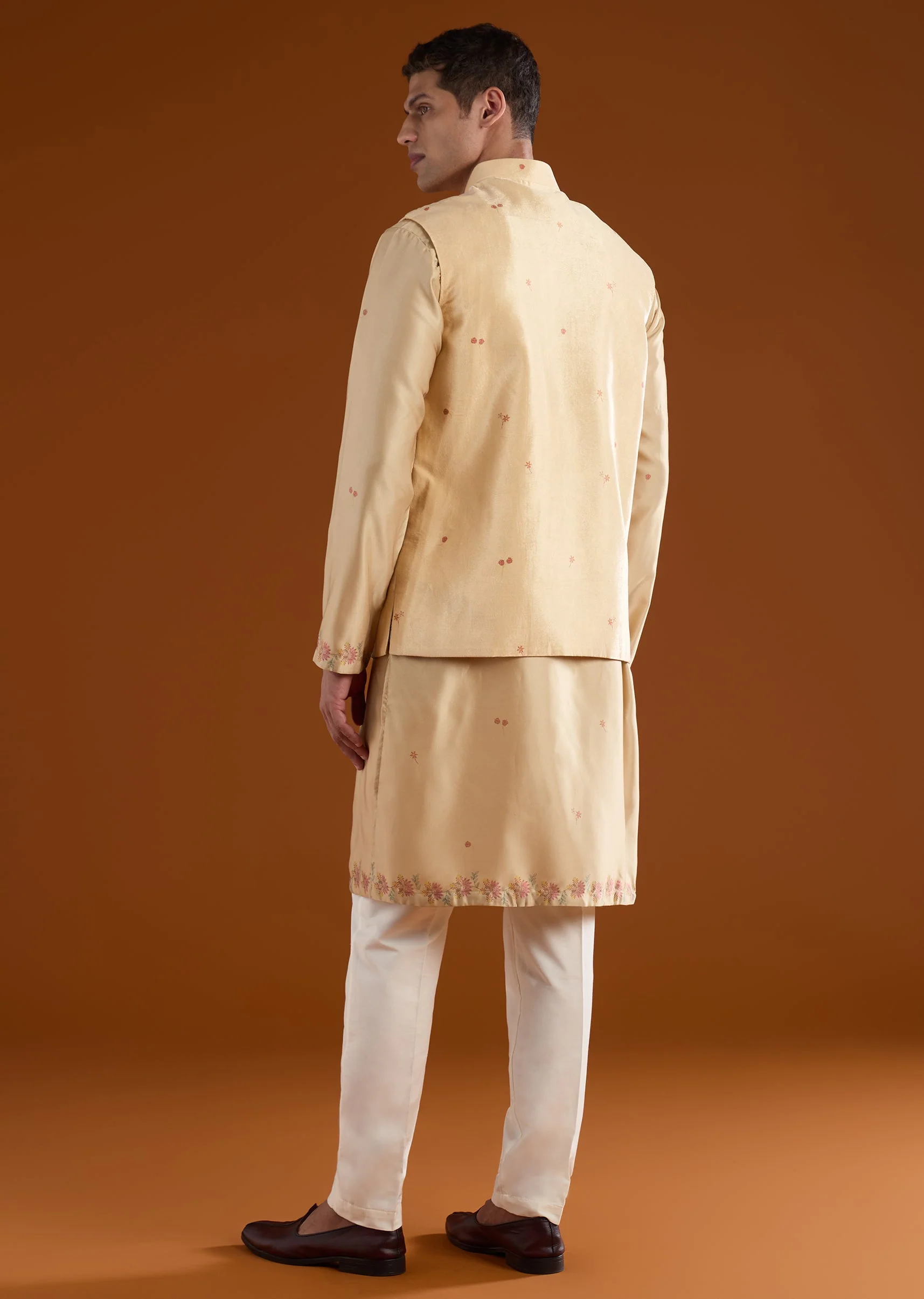 Beige Velvet Kurta Jacket Set - Image 5