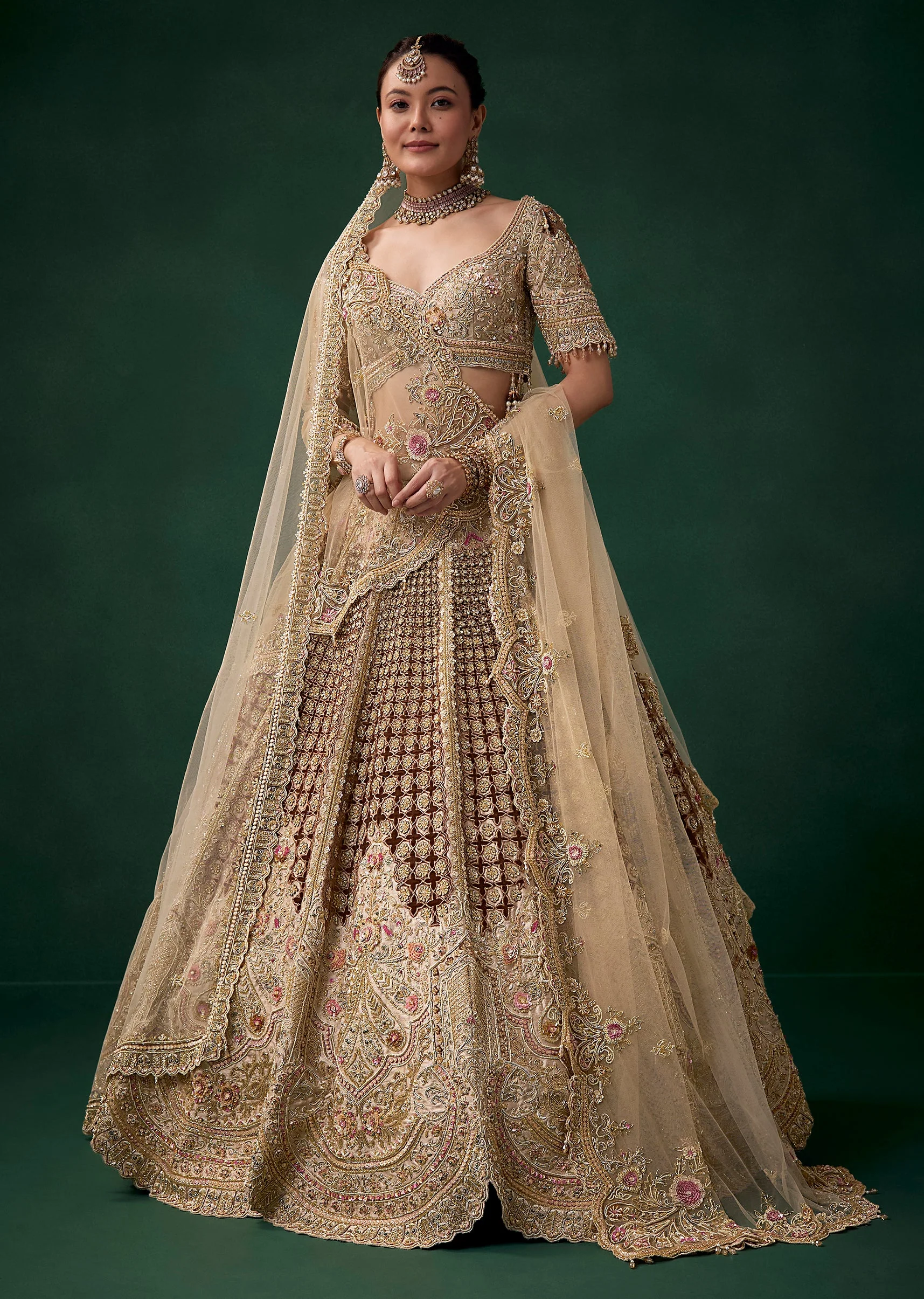 Beige Velvet Patchwork Embroidered Bridal Lehenga Set - Image 4