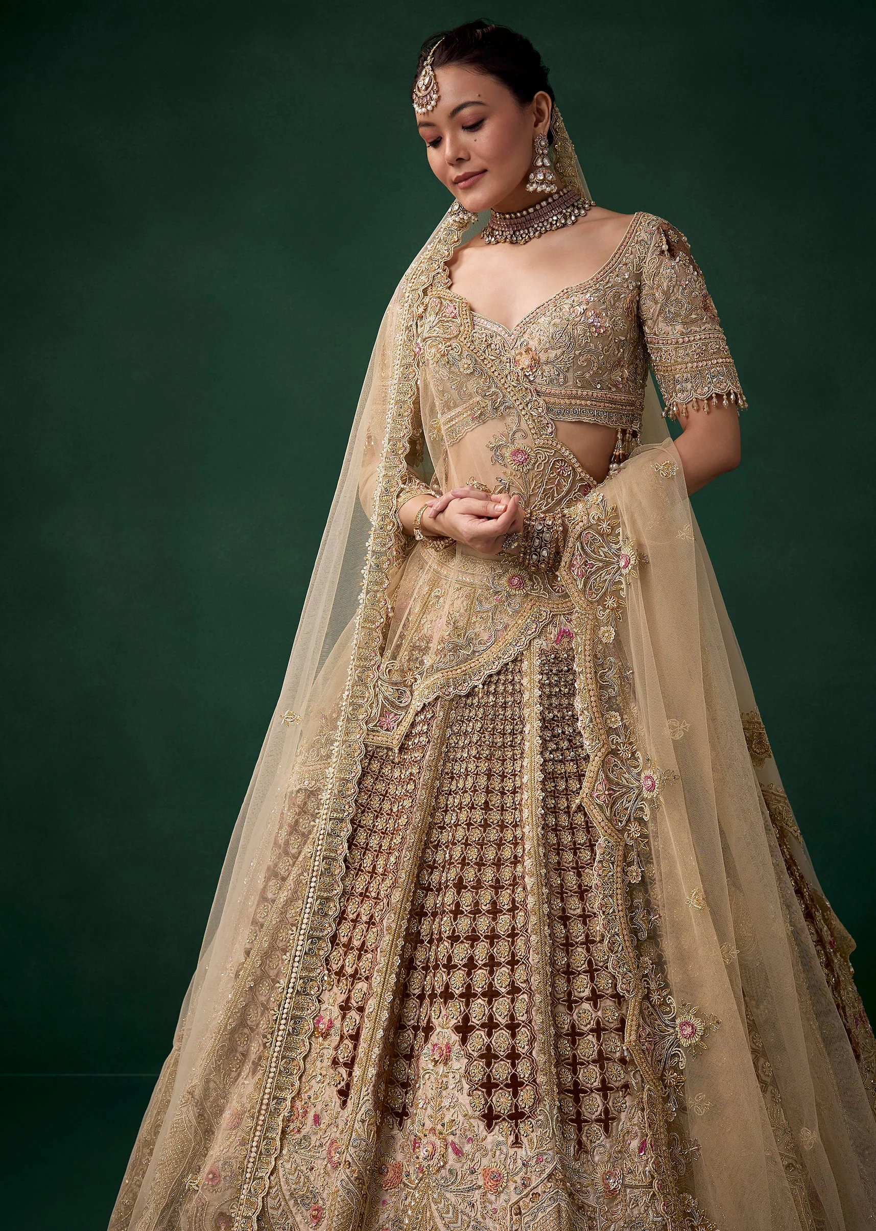 Beige Velvet Patchwork Embroidered Bridal Lehenga Set - Image 6