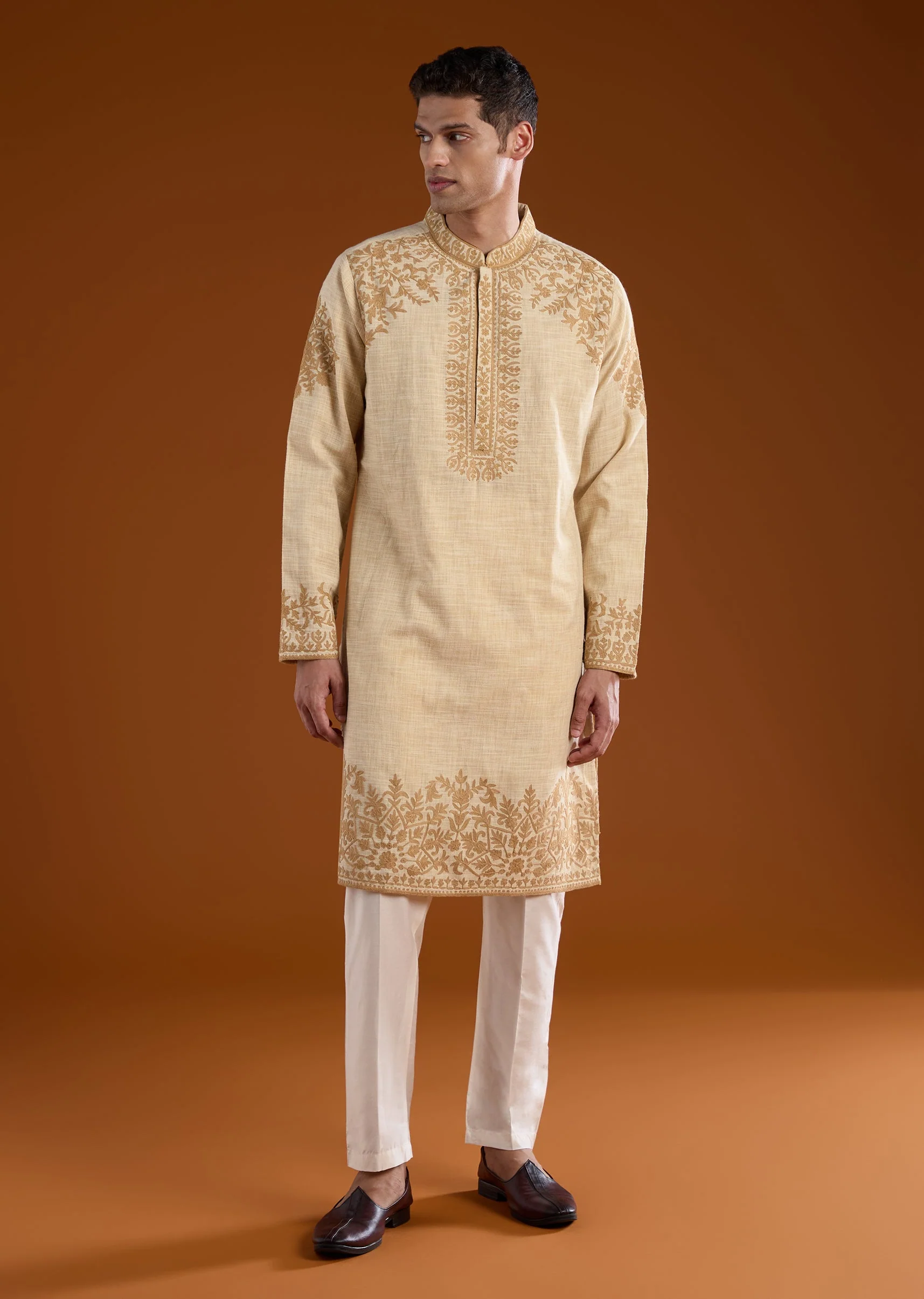 Beige Viscose Embroidered Mens Kurta Pant Set - Image 3