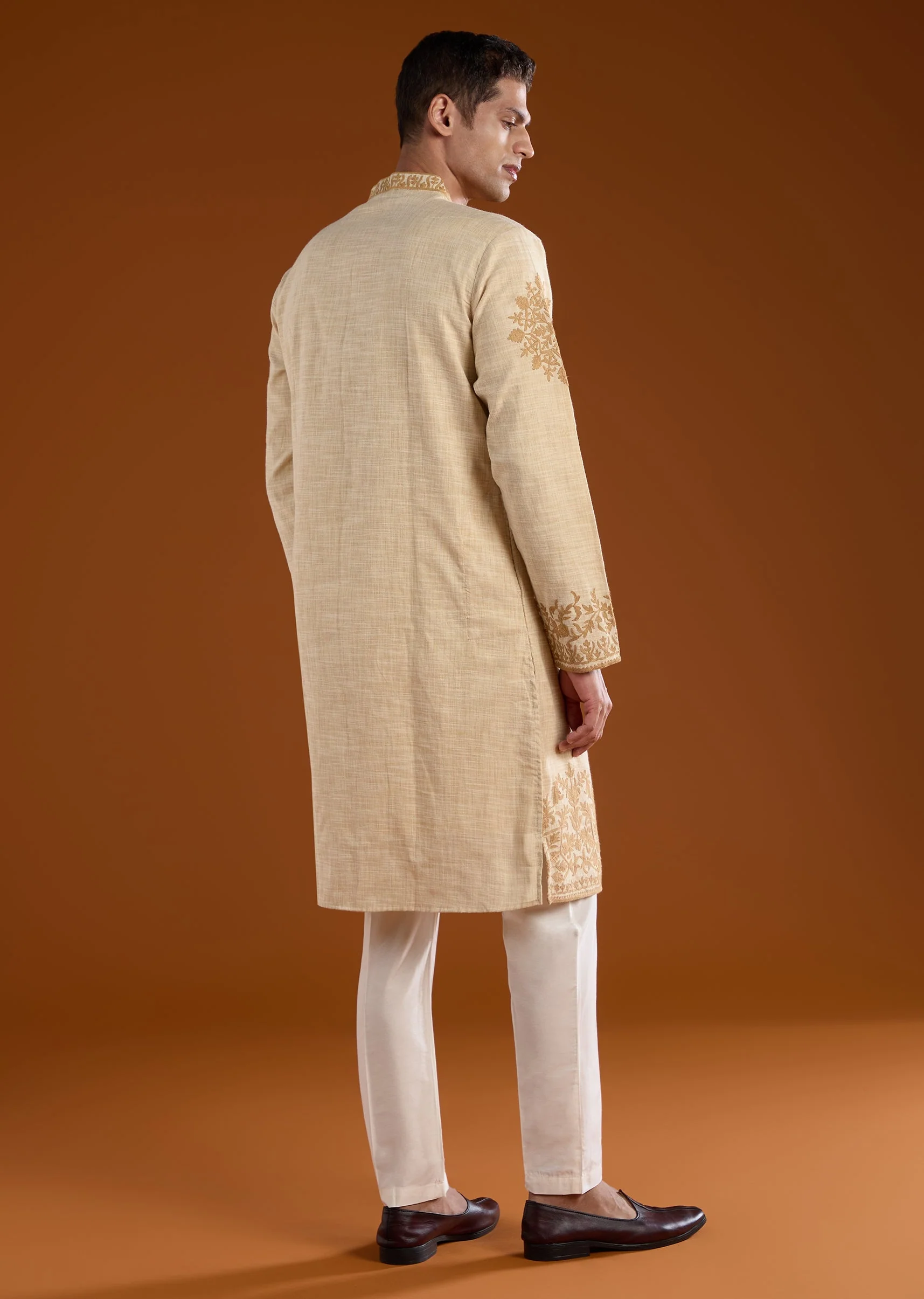 Beige Viscose Embroidered Mens Kurta Pant Set - Image 5