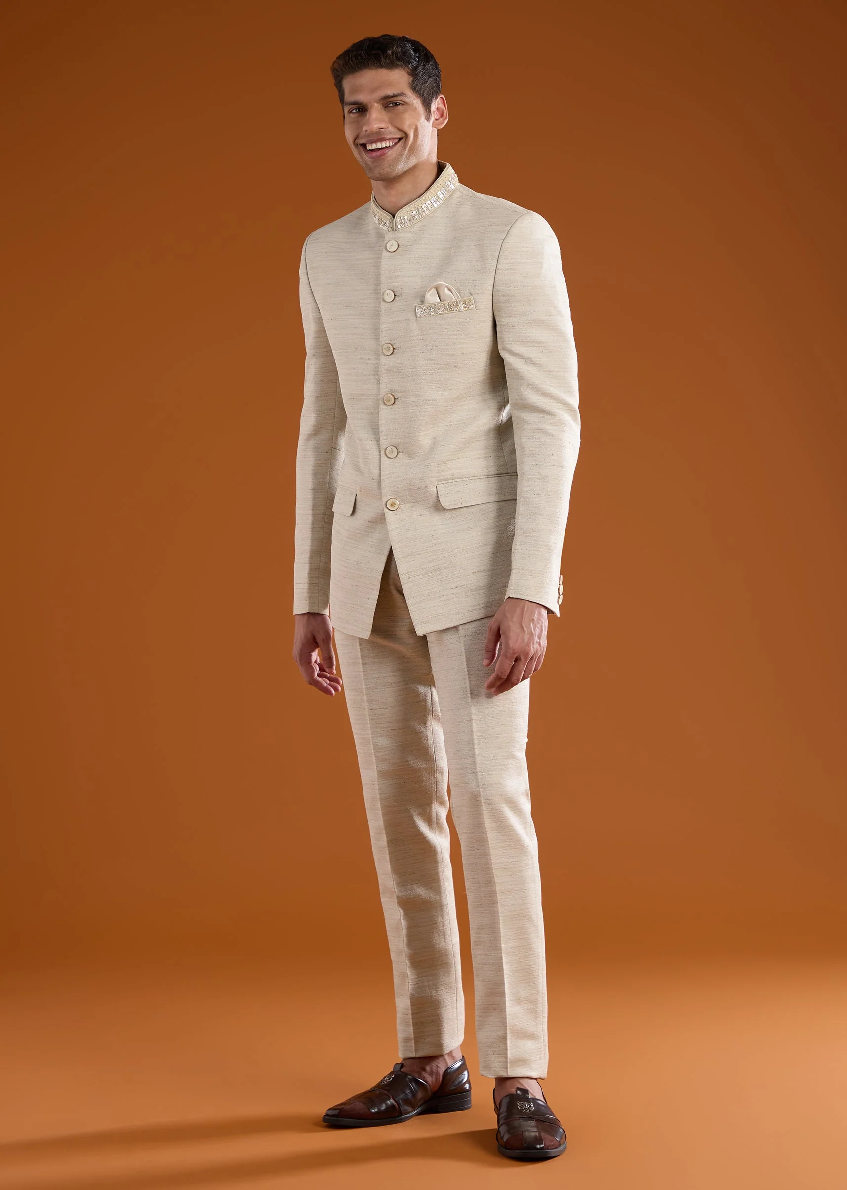 Beige Viscose Jodhpuri Pant Set with Pearl Work - Image 3