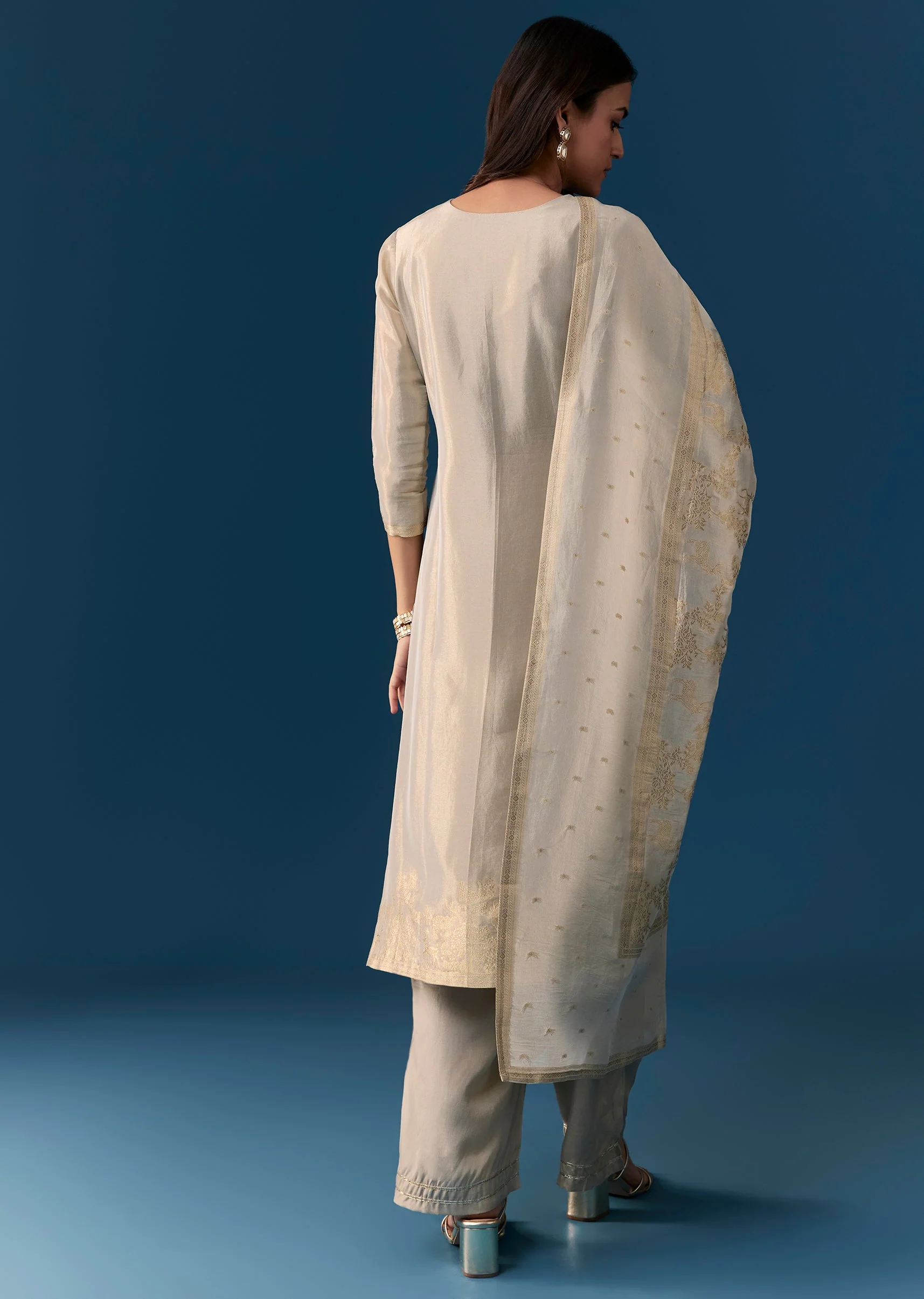 Beige Weave Kurta Set With Zardosi And Cut Dana Work - Image 5