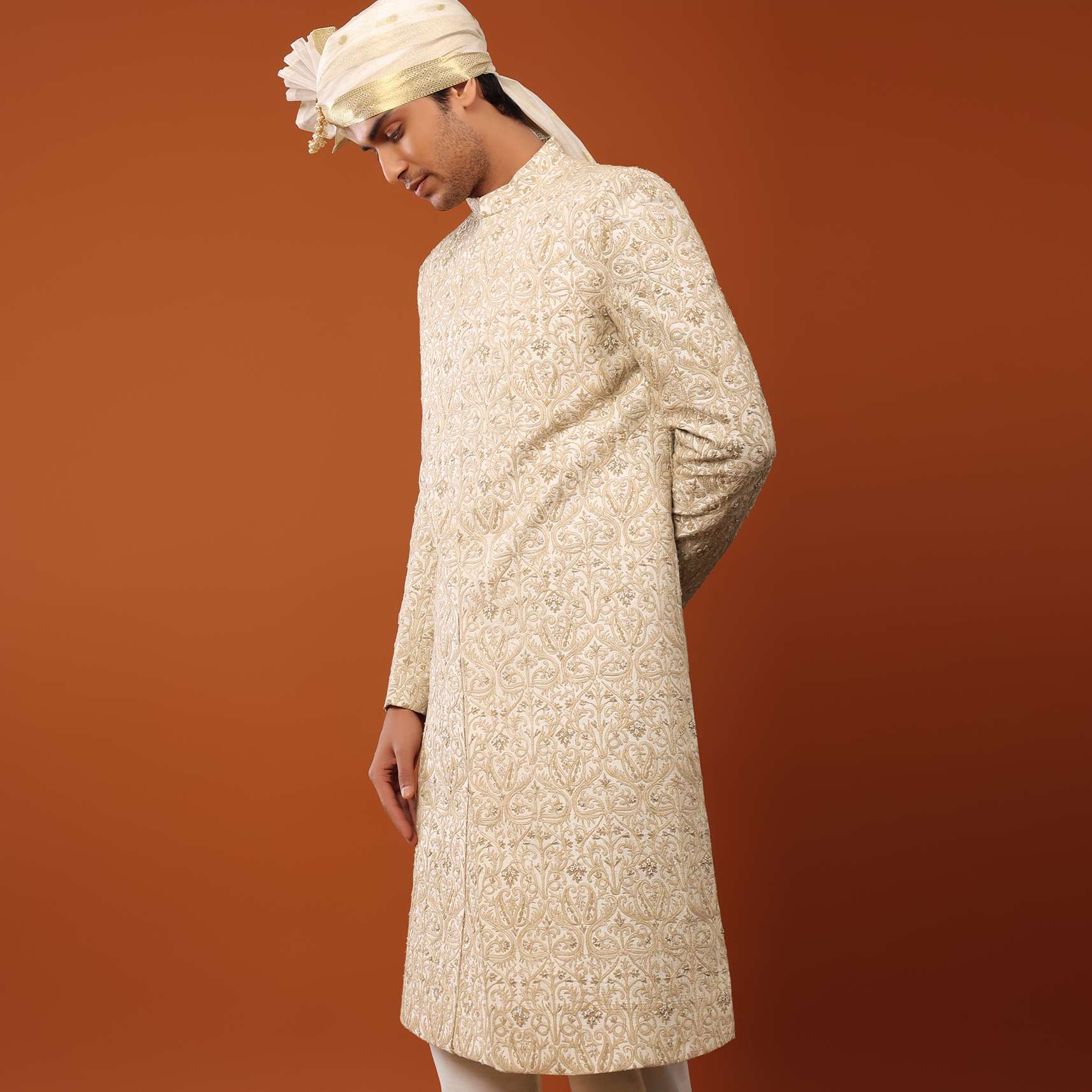 Beige White Sherwani Set In Silk With Threadwork - Image 2