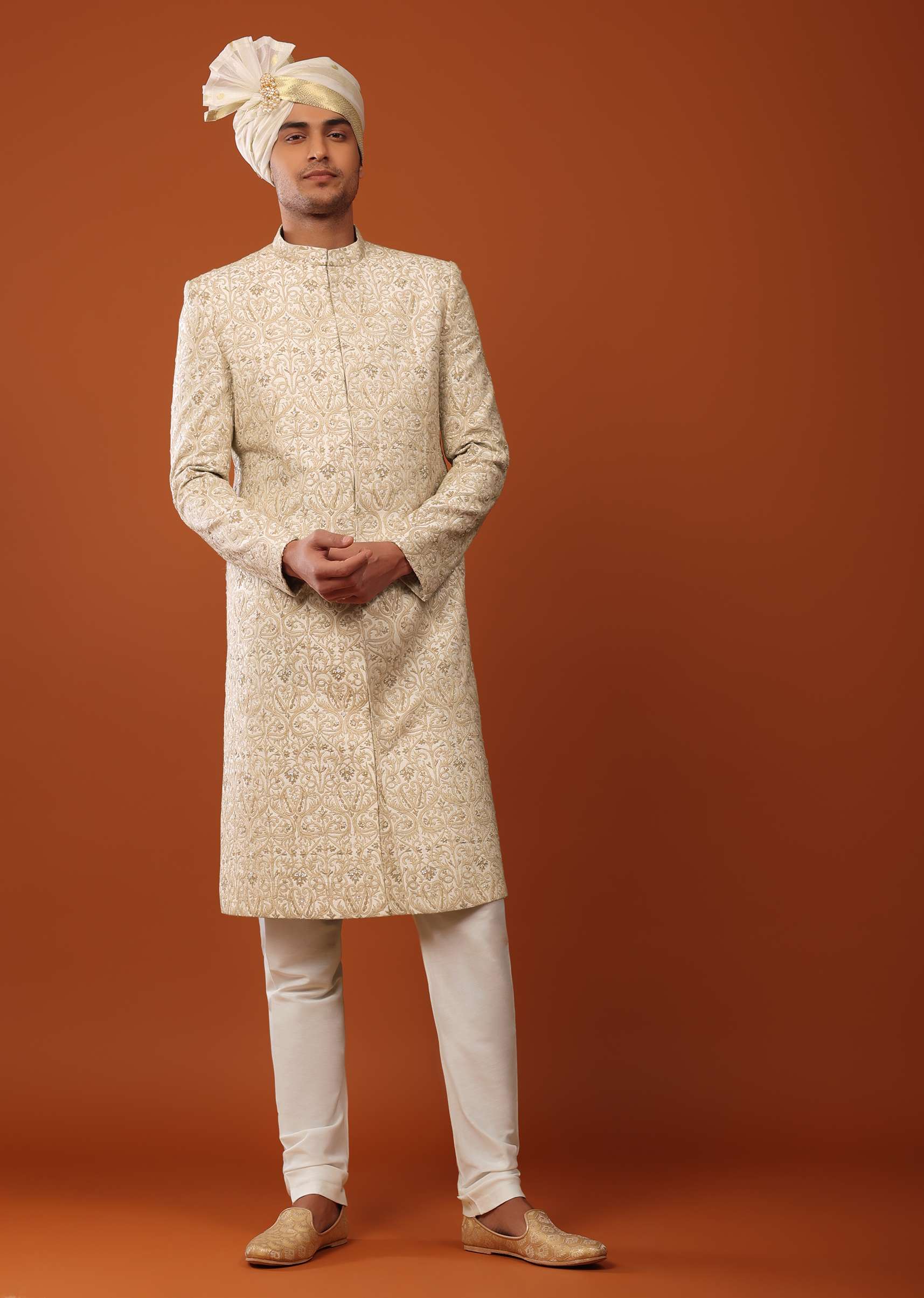 Beige White Sherwani Set In Silk With Threadwork - Image 3