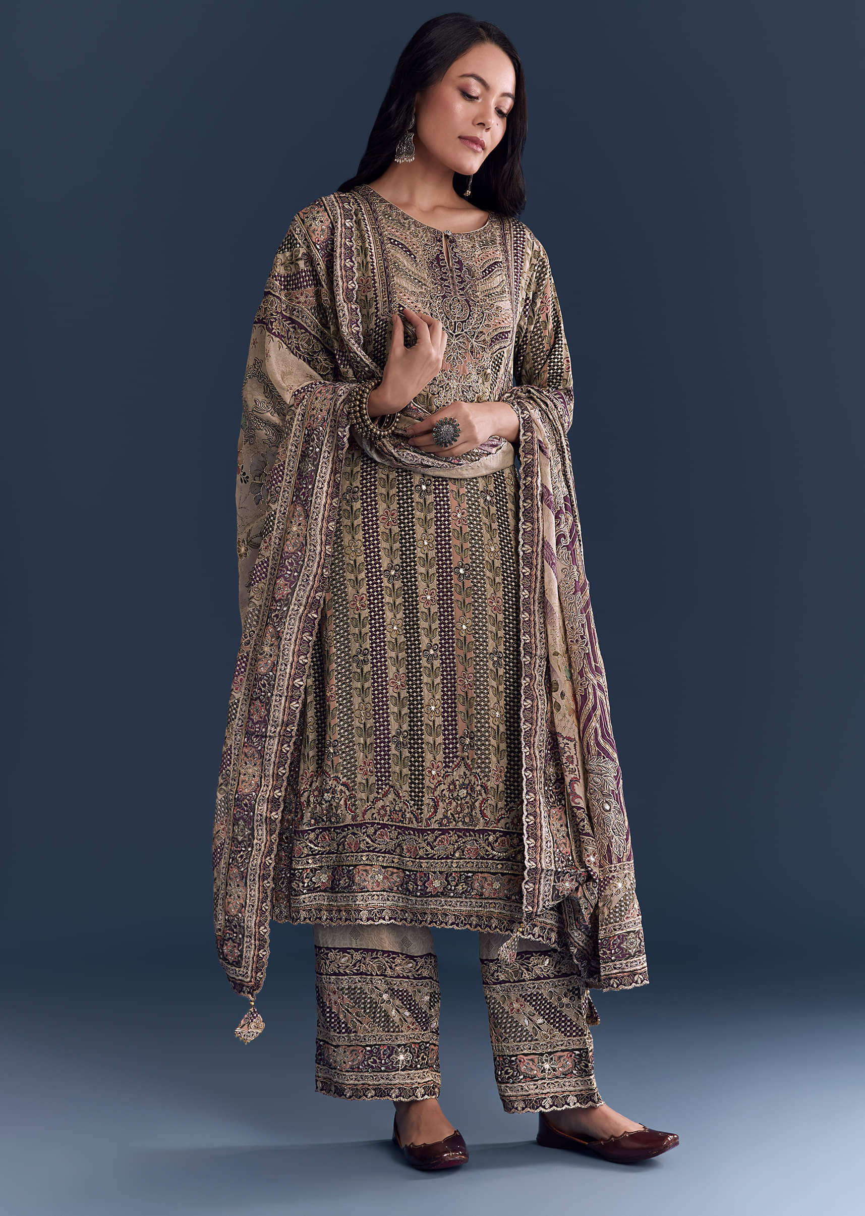 Beige Wine Crepe Kurta Set With Floral Print - Image 3