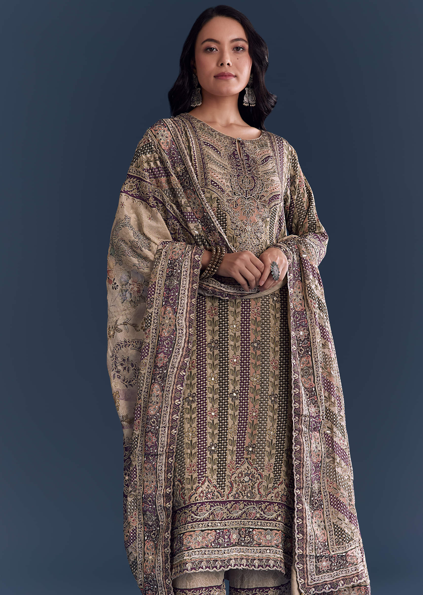 Beige Wine Crepe Kurta Set With Floral Print - Image 4