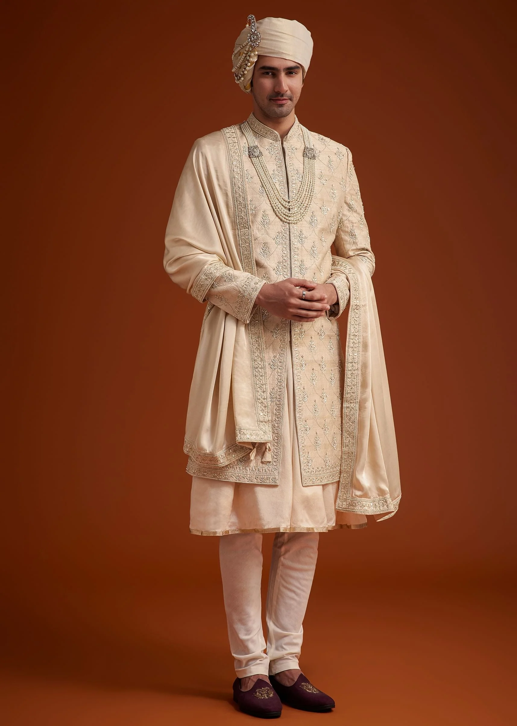 Beige Zardosi Embroidered Sherwani Set - Image 3