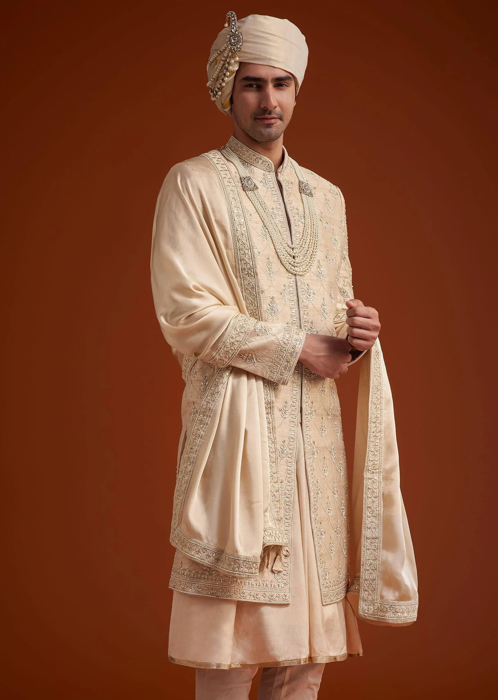 Beige Zardosi Embroidered Sherwani Set - Image 4