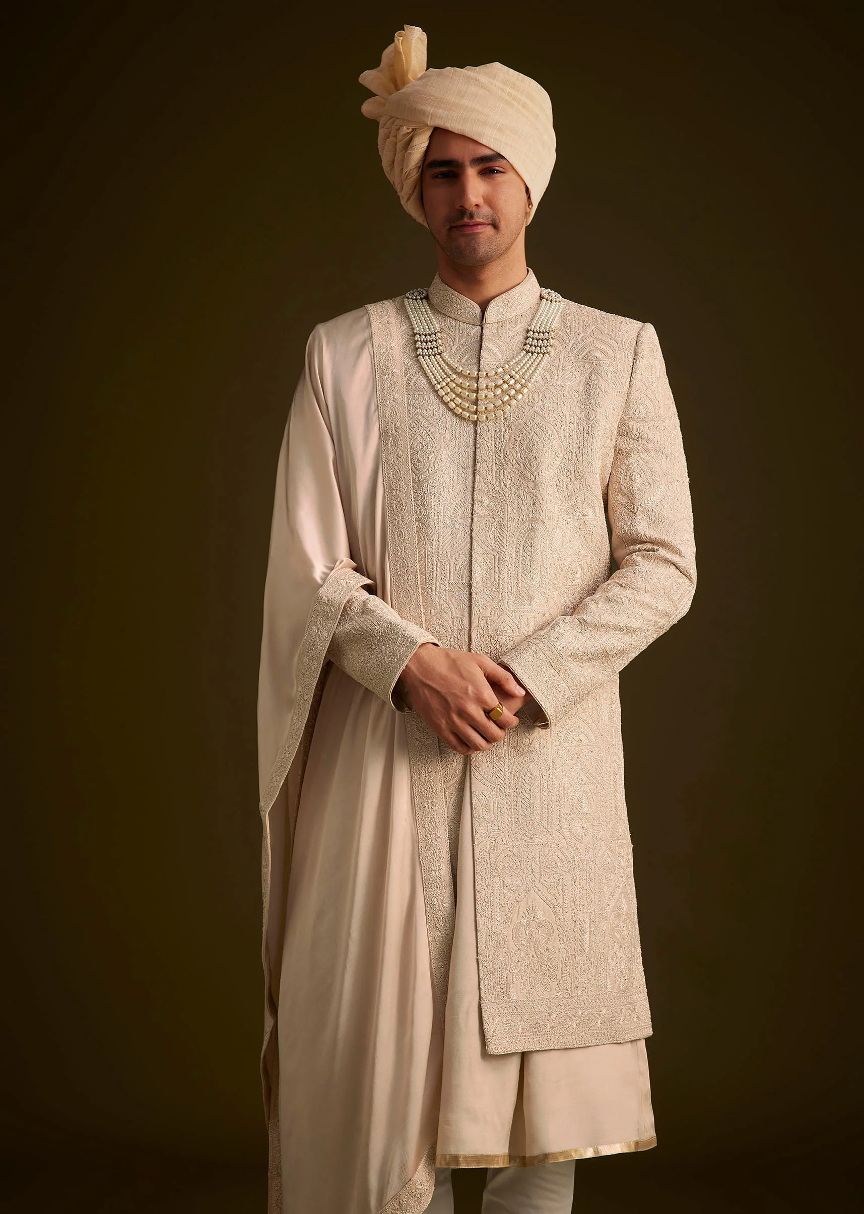 Beige Zardosi Embroidered Sherwani With Dupatta - Image 3