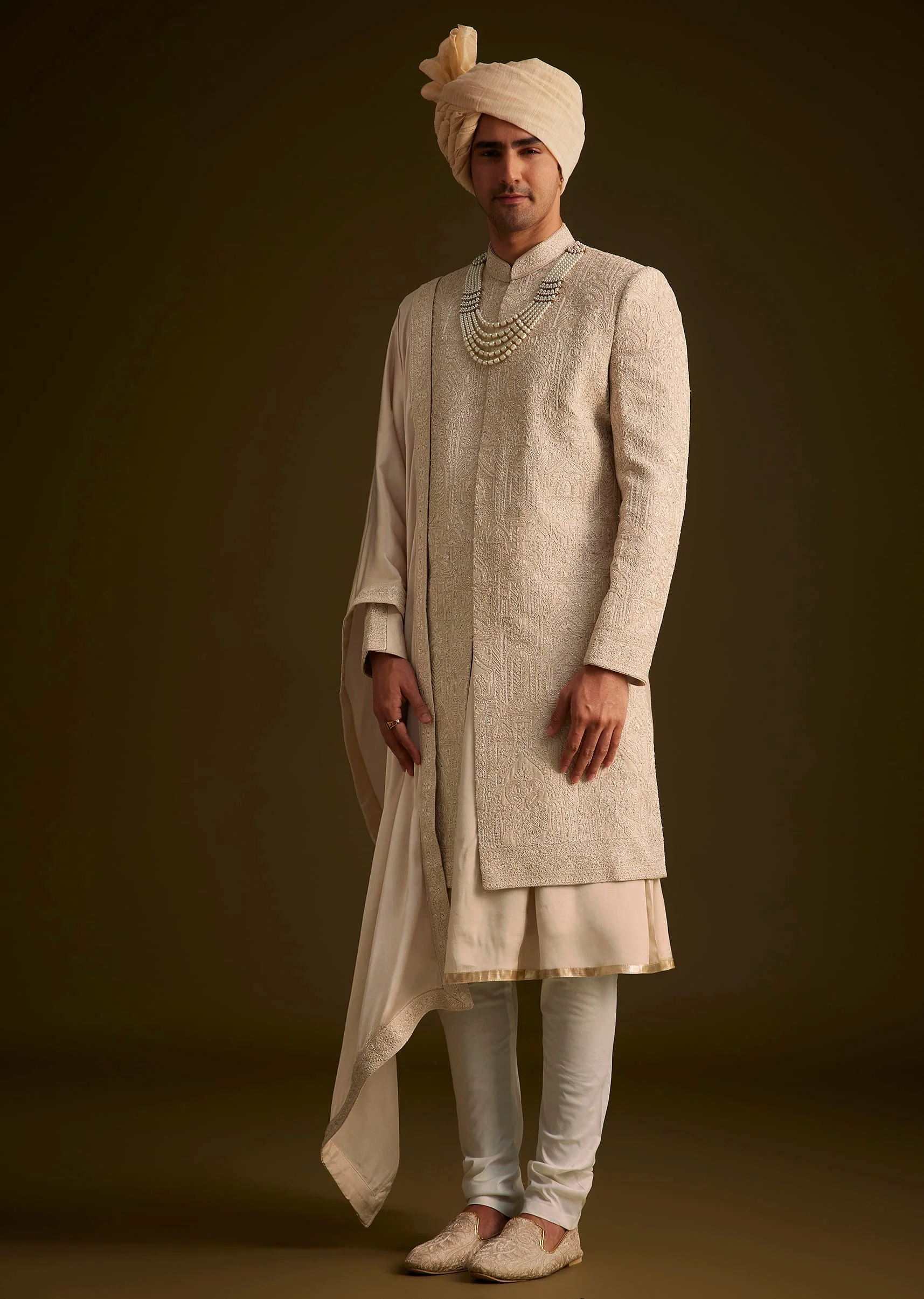 Beige Zardosi Embroidered Sherwani With Dupatta - Image 4