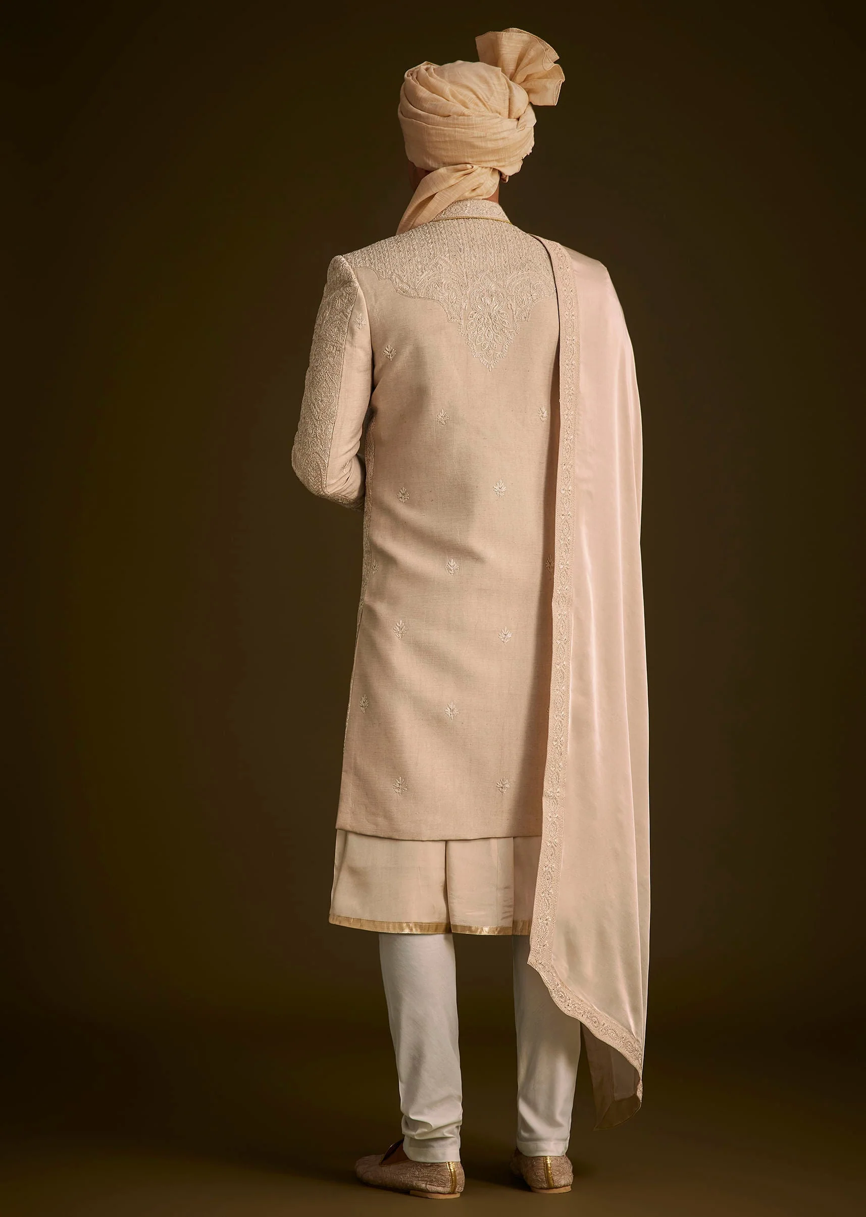 Beige Zardosi Embroidered Sherwani With Dupatta - Image 5