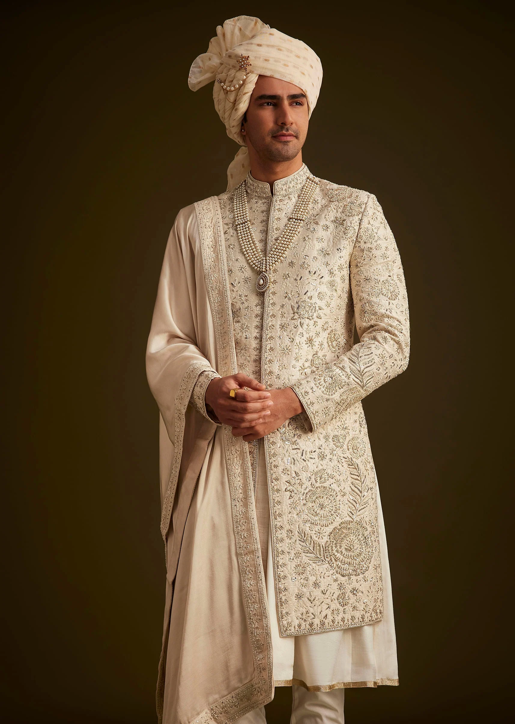 Beige Zardozi Embroidered Sherwani With Matching Dupatta - Image 2