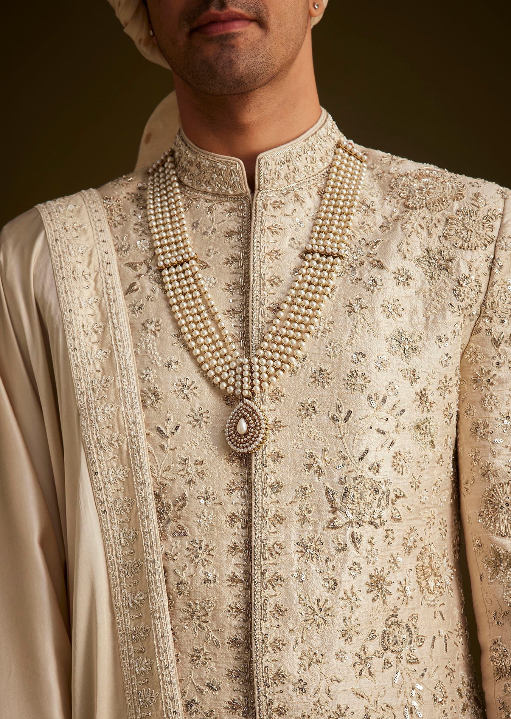 Beige Zardozi Embroidered Sherwani With Matching Dupatta - Image 3