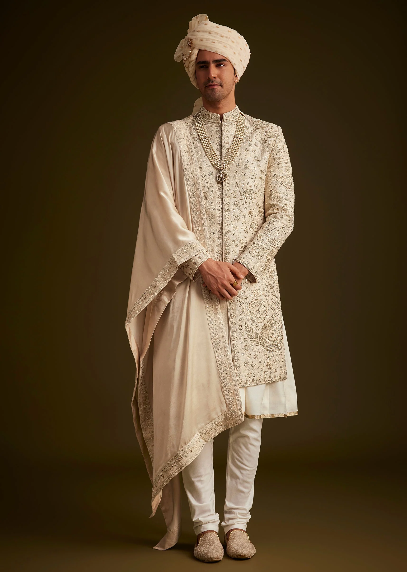 Beige Zardozi Embroidered Sherwani With Matching Dupatta - Image 4