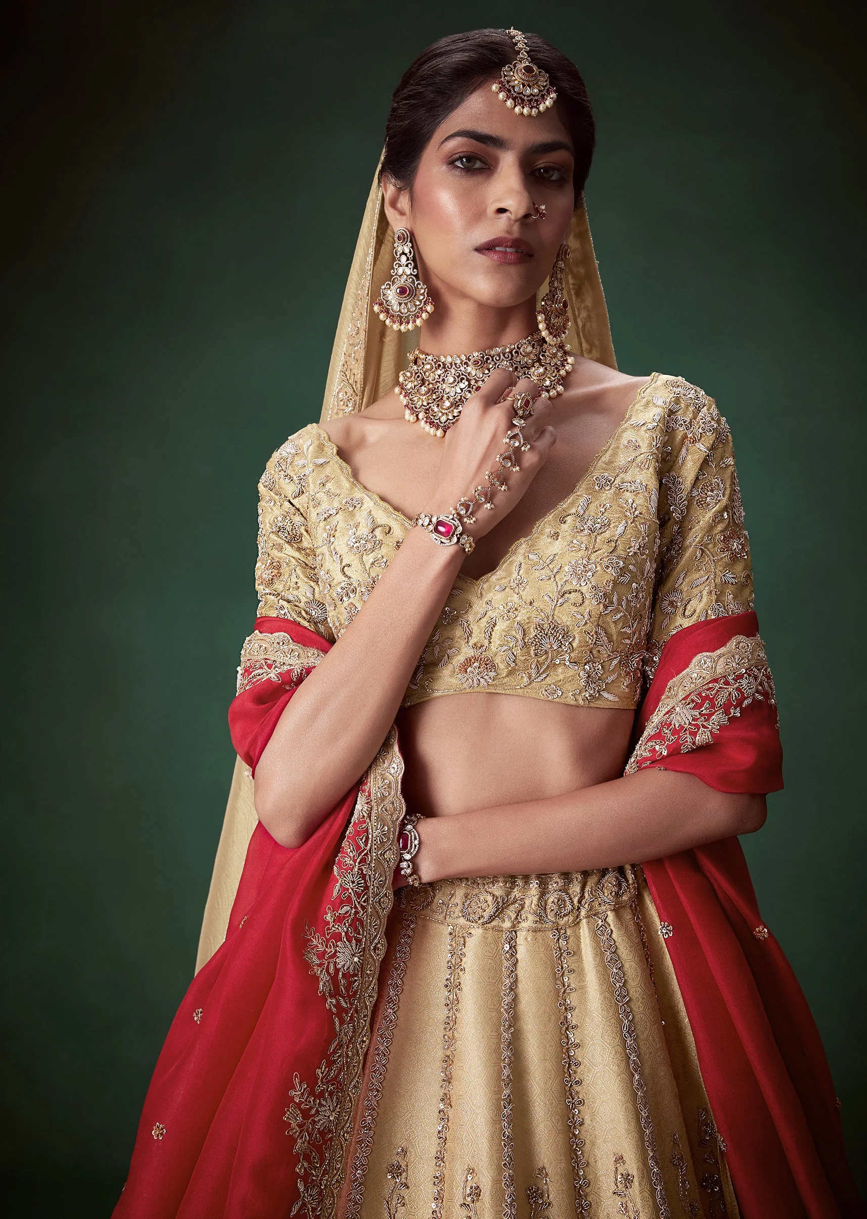 Beige Zari Embroidered Bridal Lehenga Set - Image 3