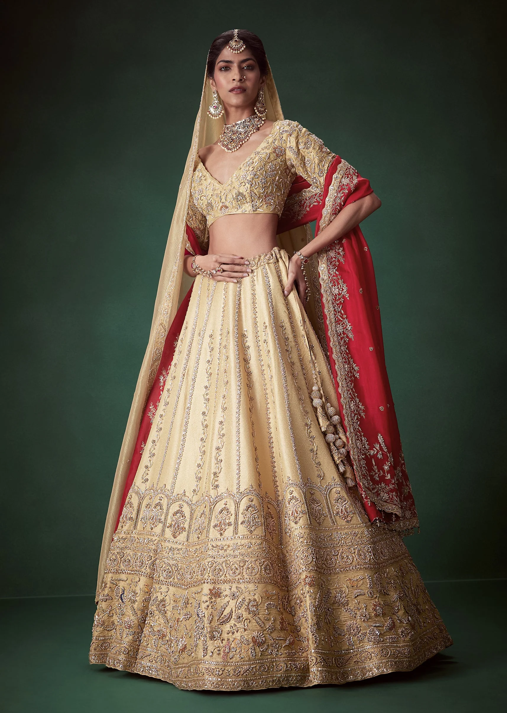 Beige Zari Embroidered Bridal Lehenga Set - Image 4