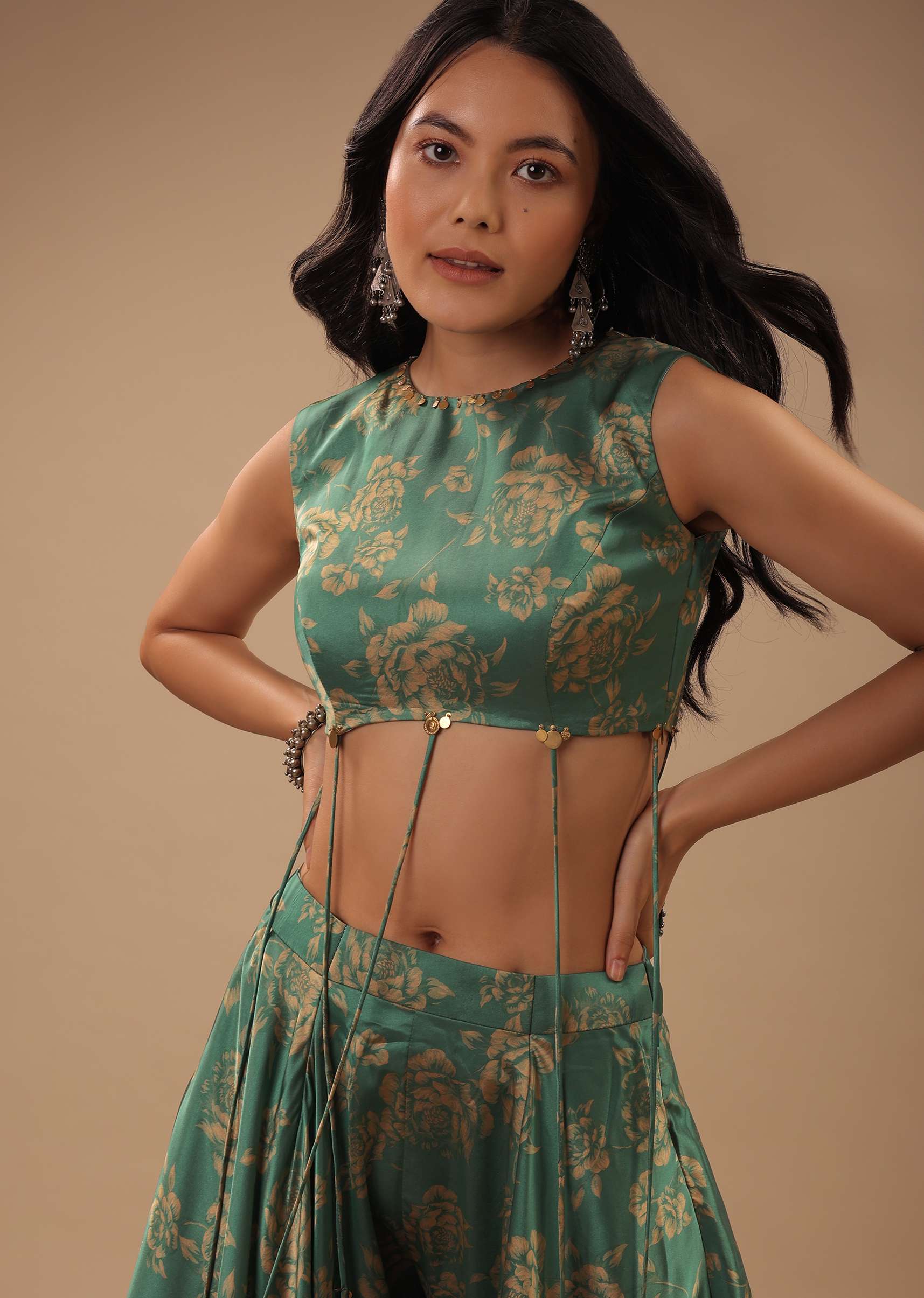Beryl Green Satin Blouse And Palazzo Pants With Floral Print And Asymmetric Hemline - Image 2