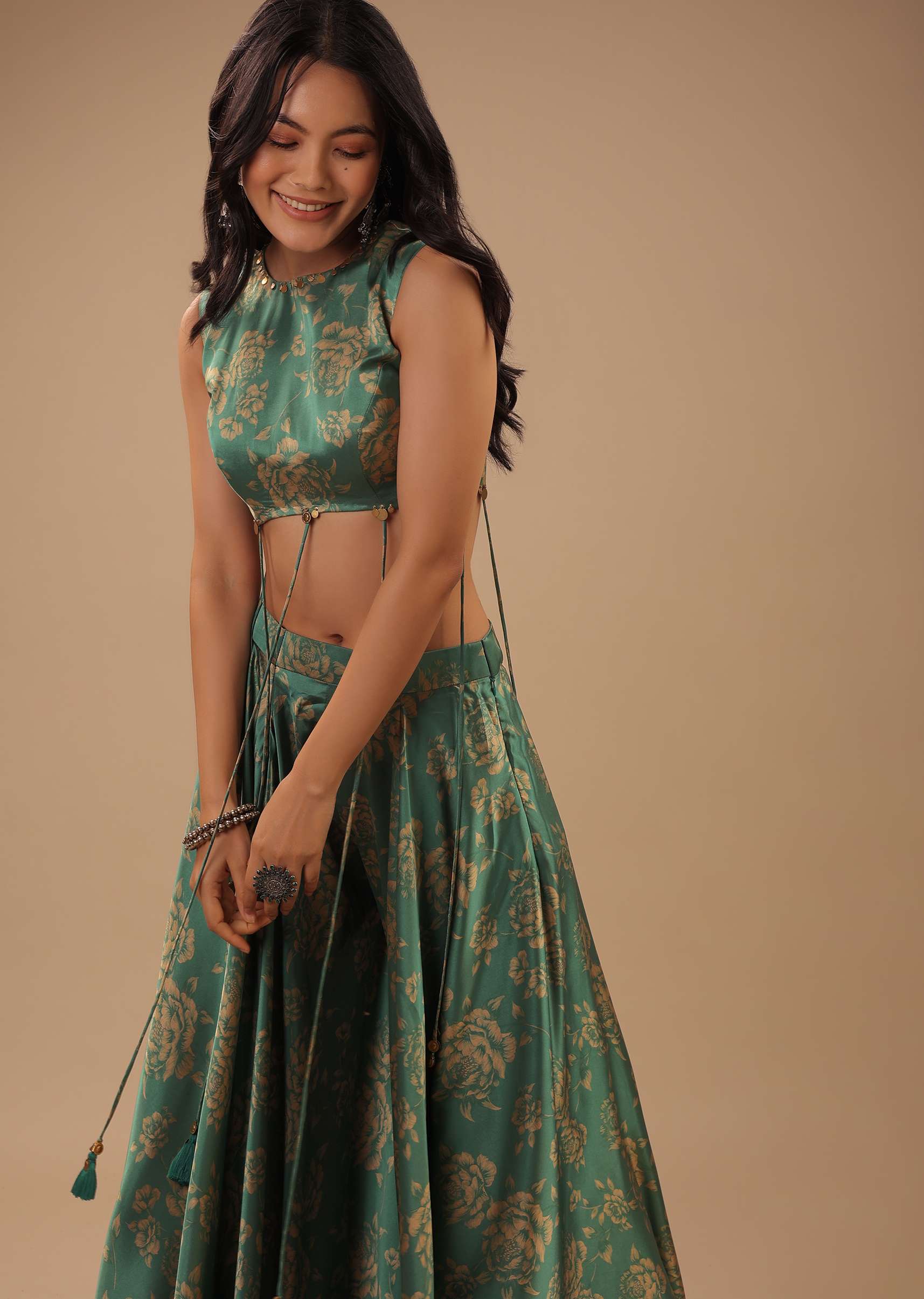 Beryl Green Satin Blouse And Palazzo Pants With Floral Print And Asymmetric Hemline - Image 4