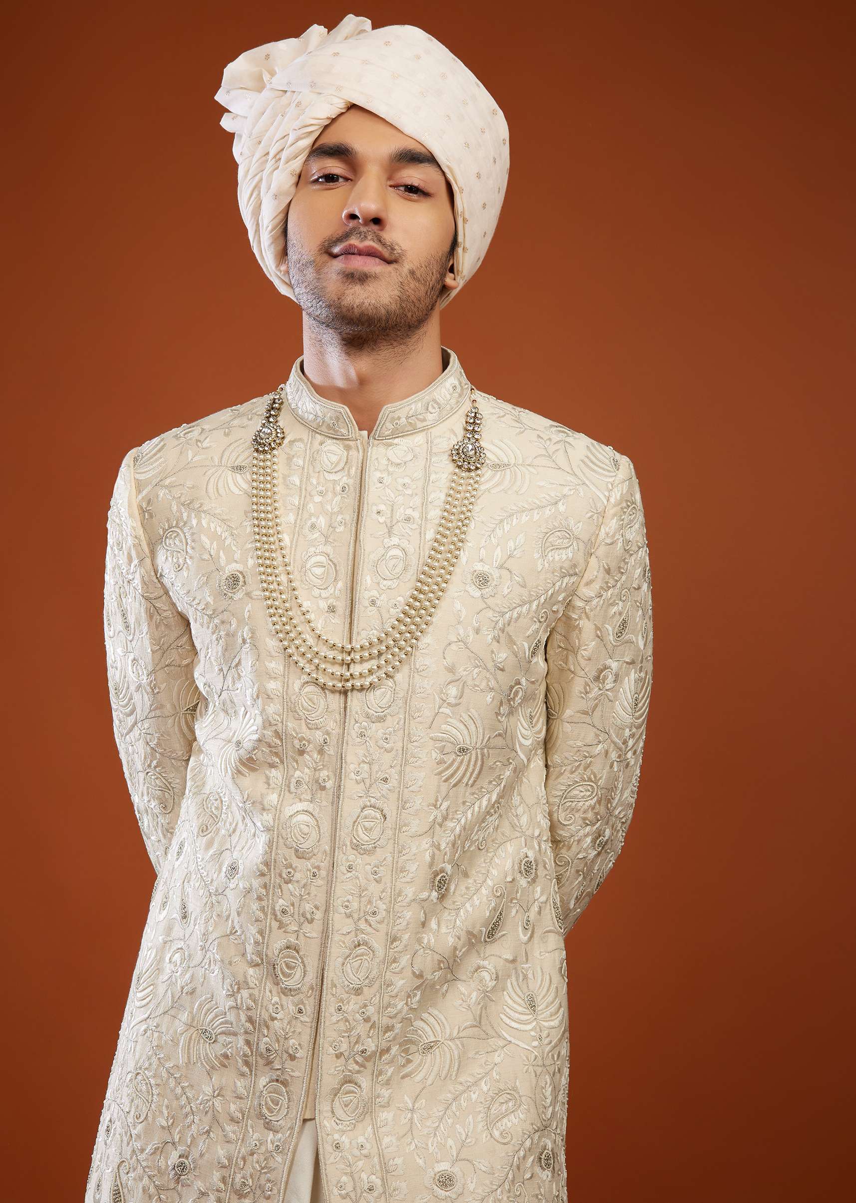 Cream White Embroidered Sherwani Set In Tussar Silk - Image 2