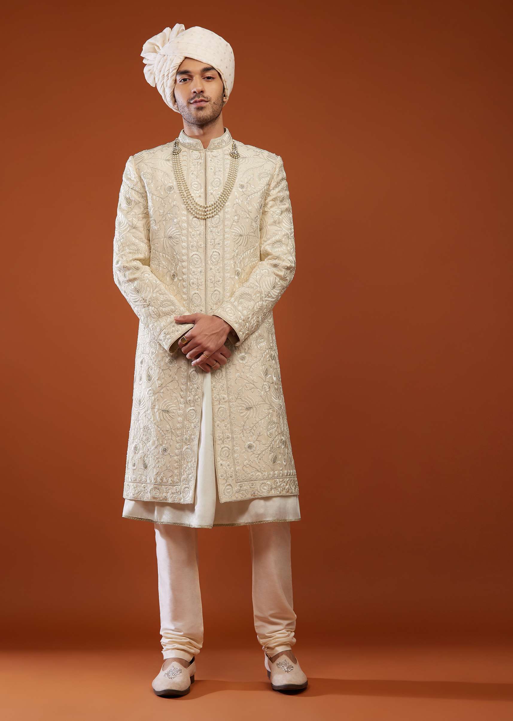 Cream White Embroidered Sherwani Set In Tussar Silk - Image 3