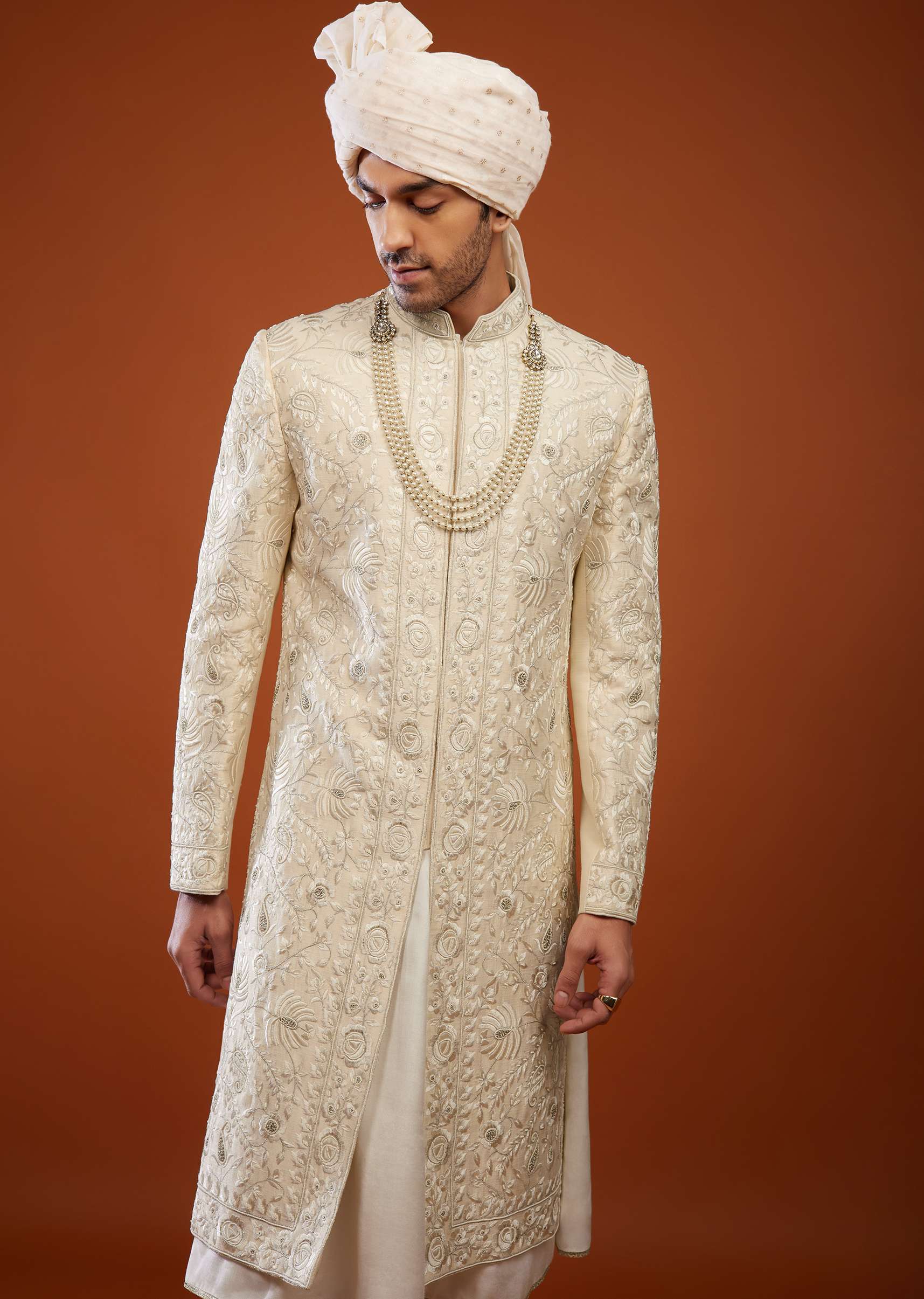 Cream White Embroidered Sherwani Set In Tussar Silk - Image 4