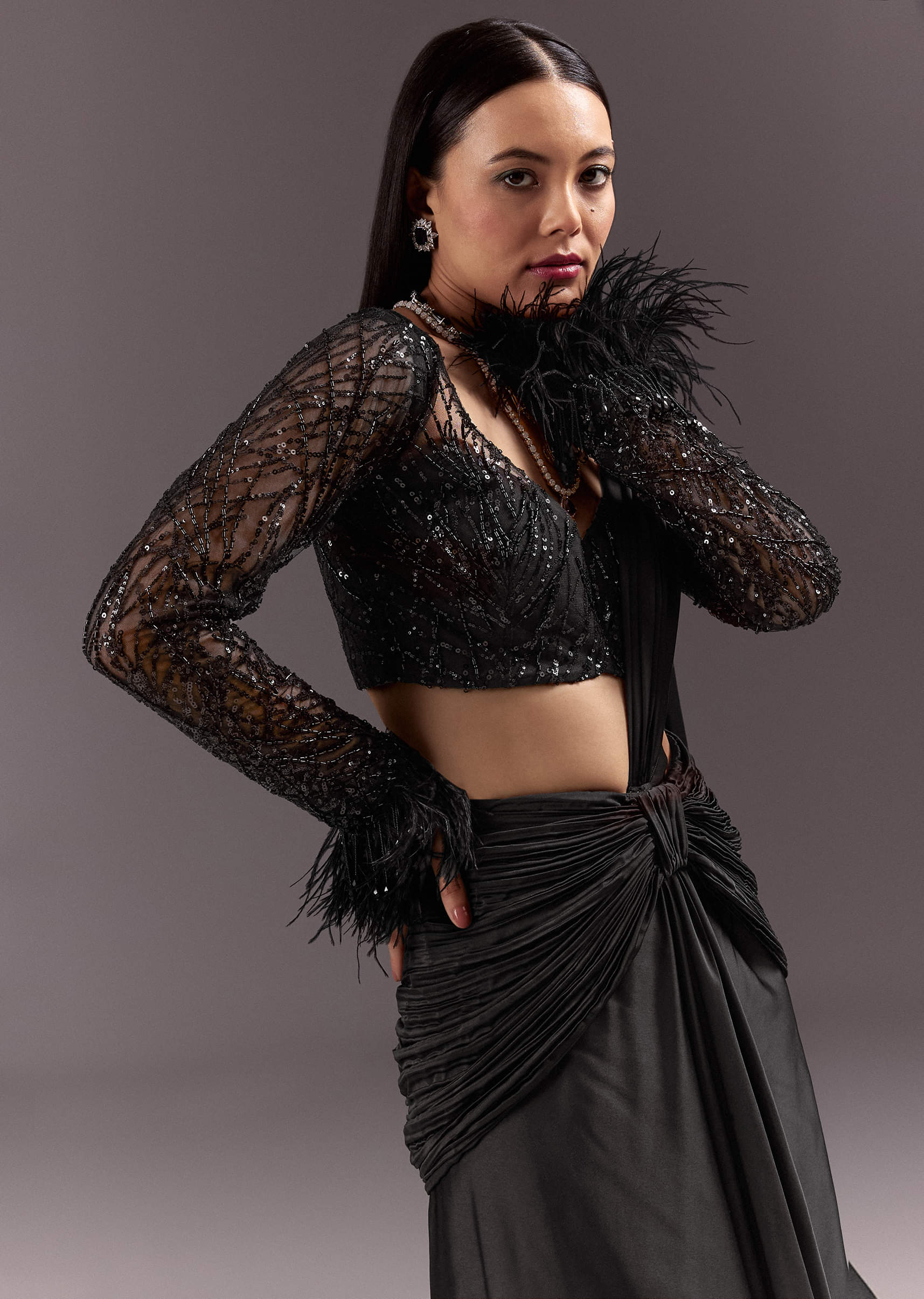 Black 3D Patchwork Cutdana Drape Saree With Sleeveless Overlap Blouse - Image 2